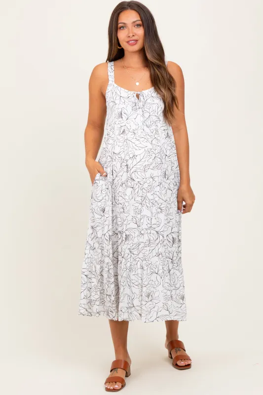 White Floral Outline Print Sleeveless Maternity Midi Dress sold by Pinkblush