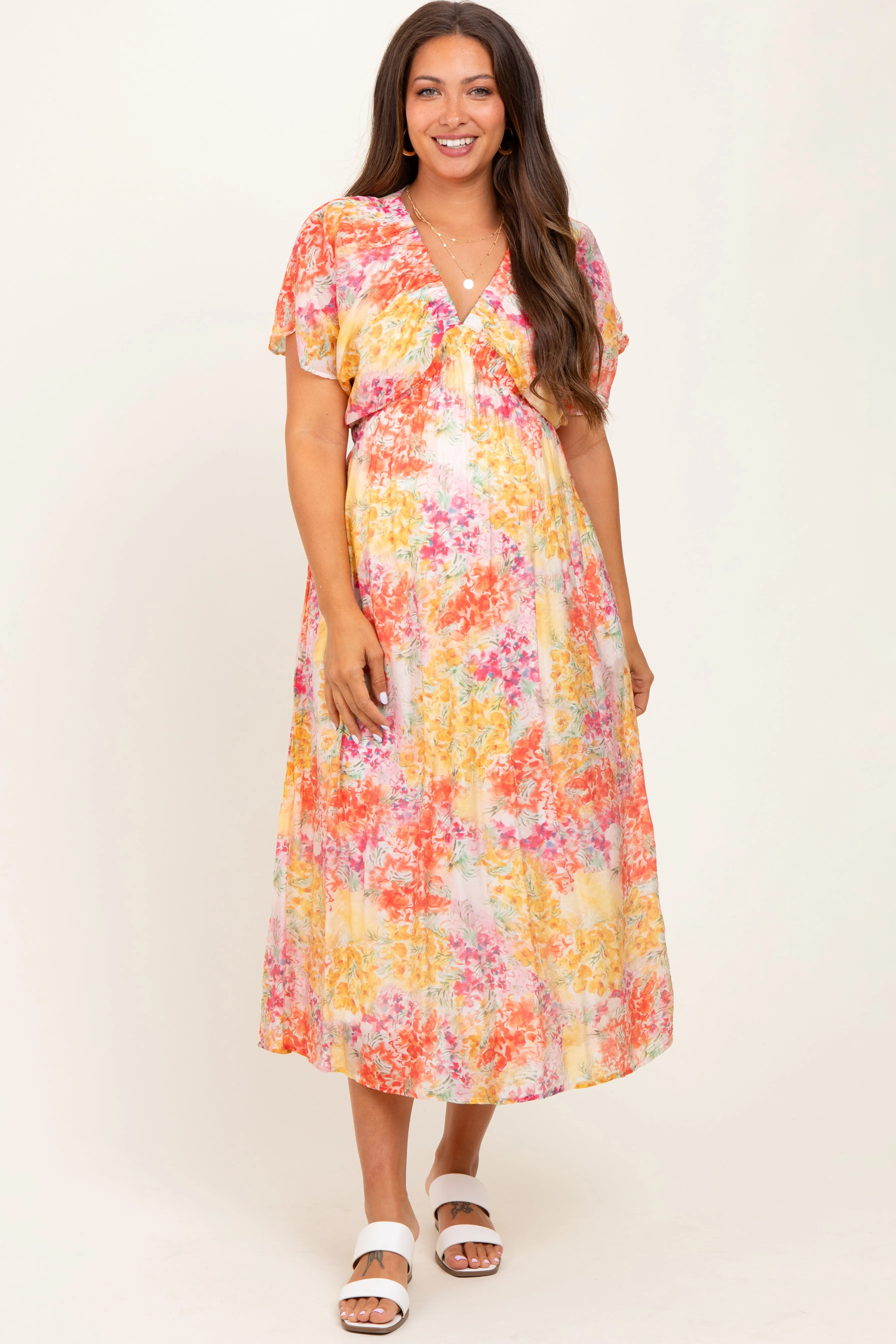 Yellow Mix Textured Floral Gathered V Neck Maternity Dress sold by Pinkblush