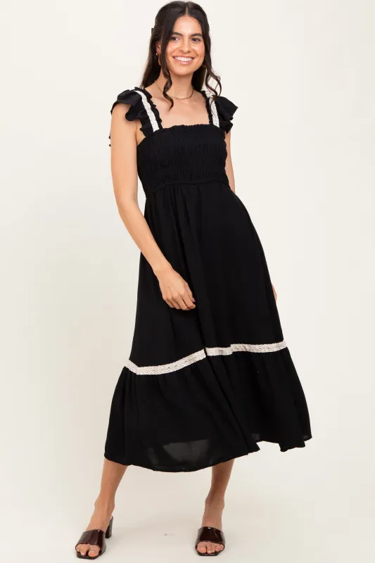 Black Smocked Lace Detail Midi Dress sold by Pinkblush