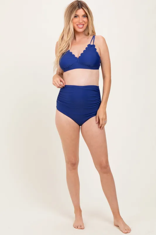 Navy Scalloped V-Neck High Waist Two-Piece Maternity Swimsuit sold by Pinkblush