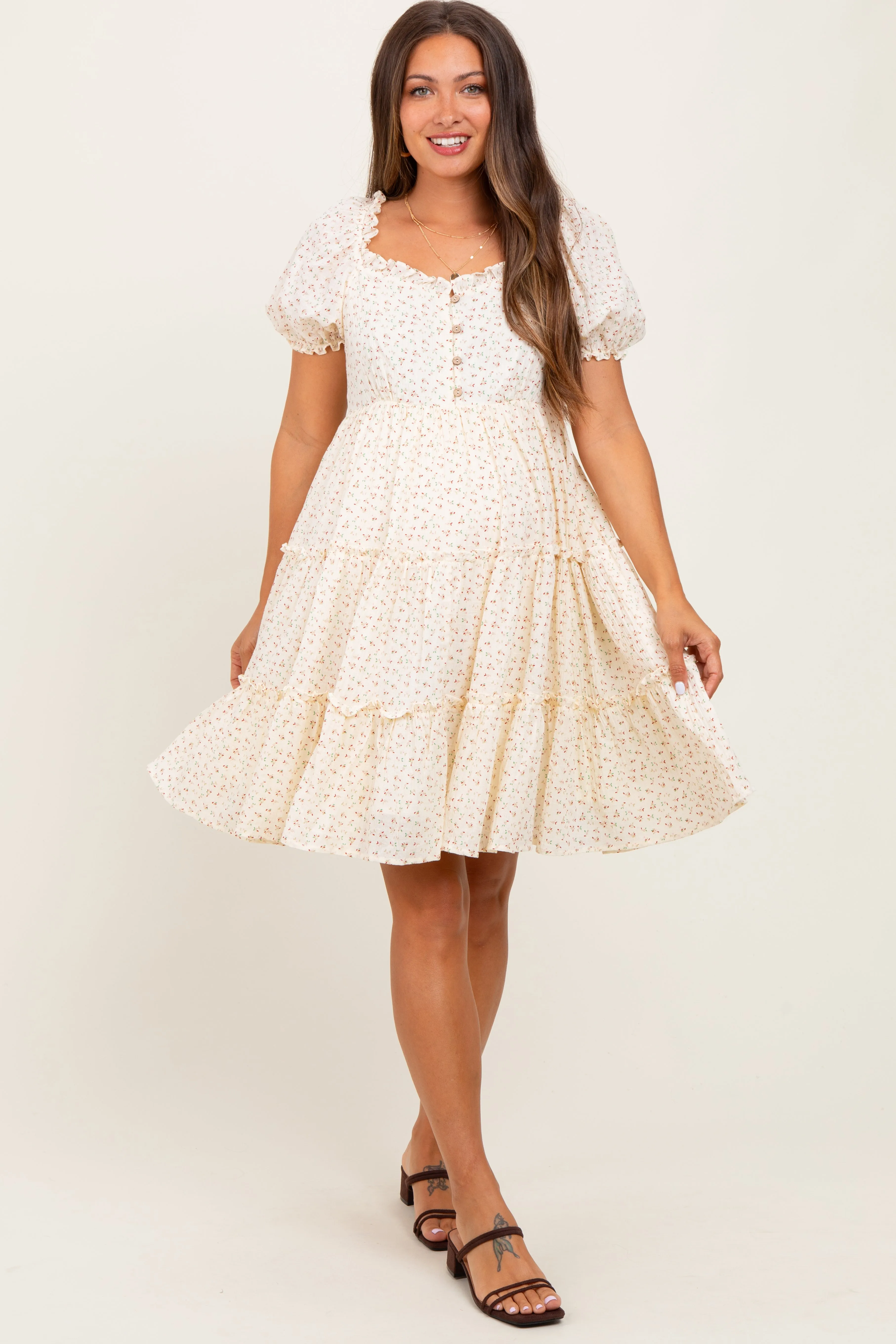 Cream Printed Button Up Ruffle Tiered Maternity Dress sold by Pinkblush product image thumbnail 2