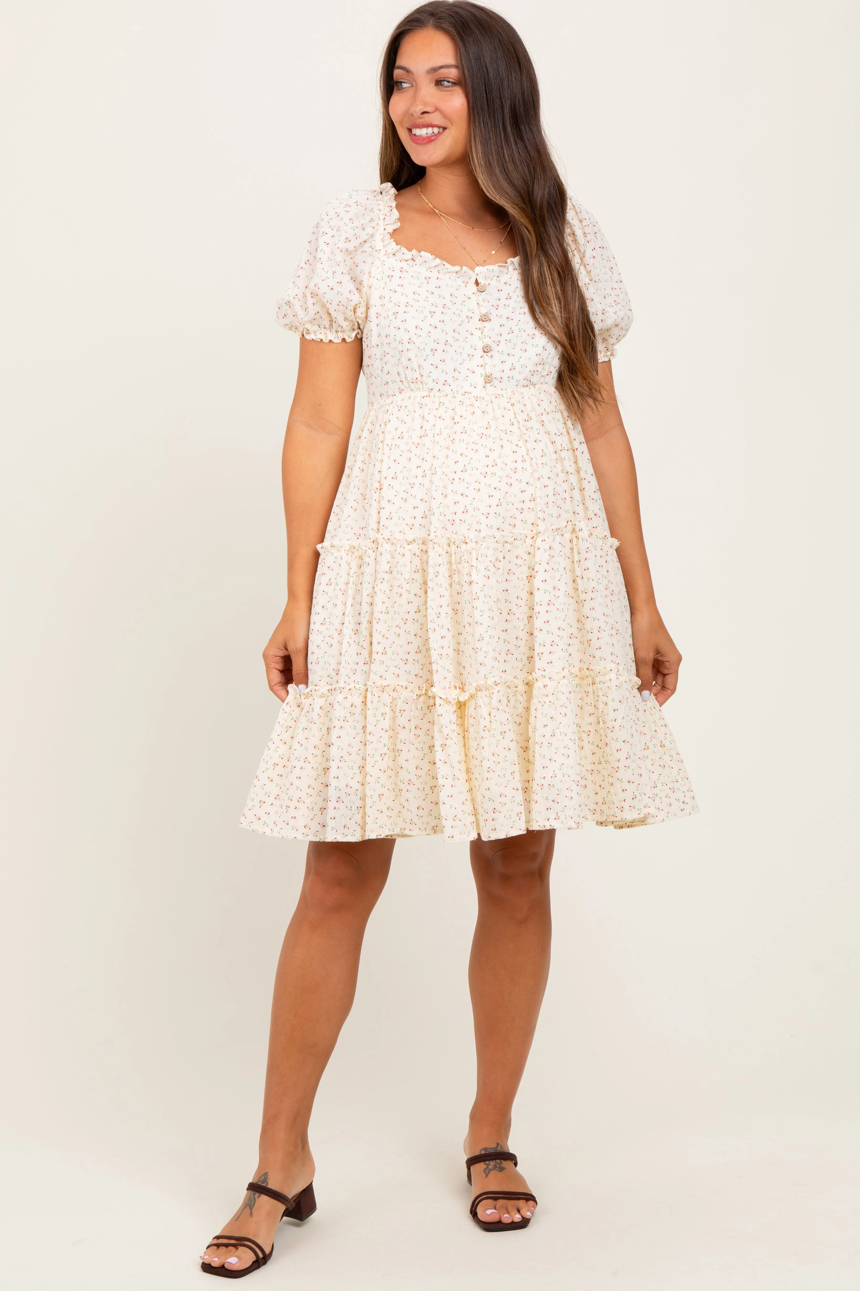 Cream Printed Button Up Ruffle Tiered Maternity Dress sold by Pinkblush