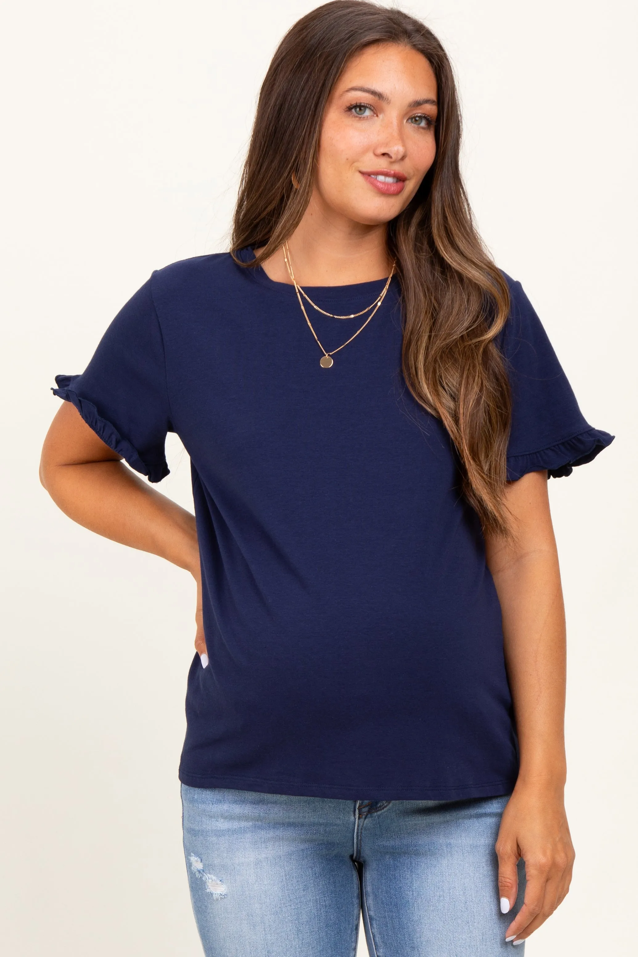 Navy Ruffle Trim Short Sleeve Maternity T-Shirt sold by Pinkblush product image thumbnail 2