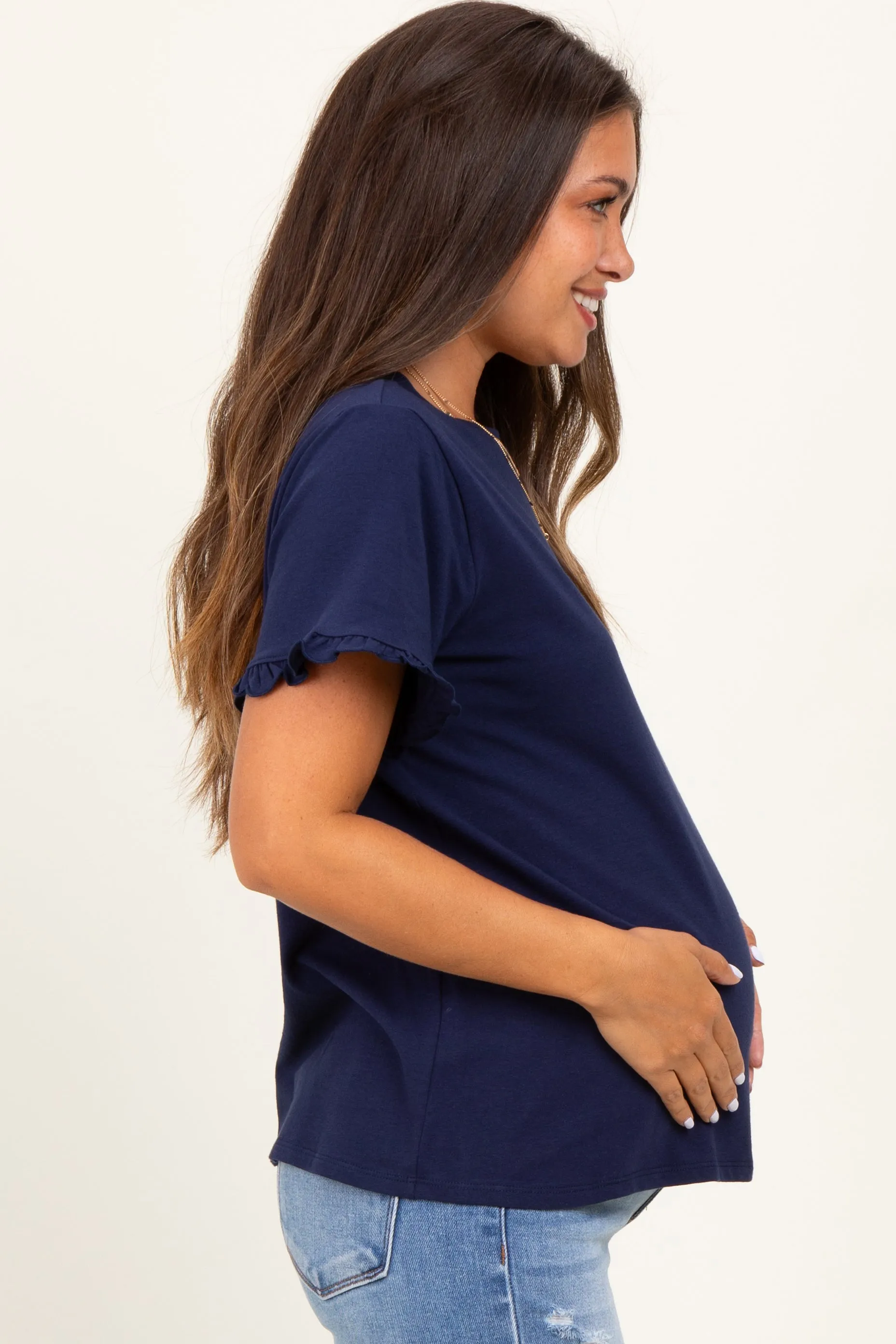 Navy Ruffle Trim Short Sleeve Maternity T-Shirt sold by Pinkblush product image thumbnail 3