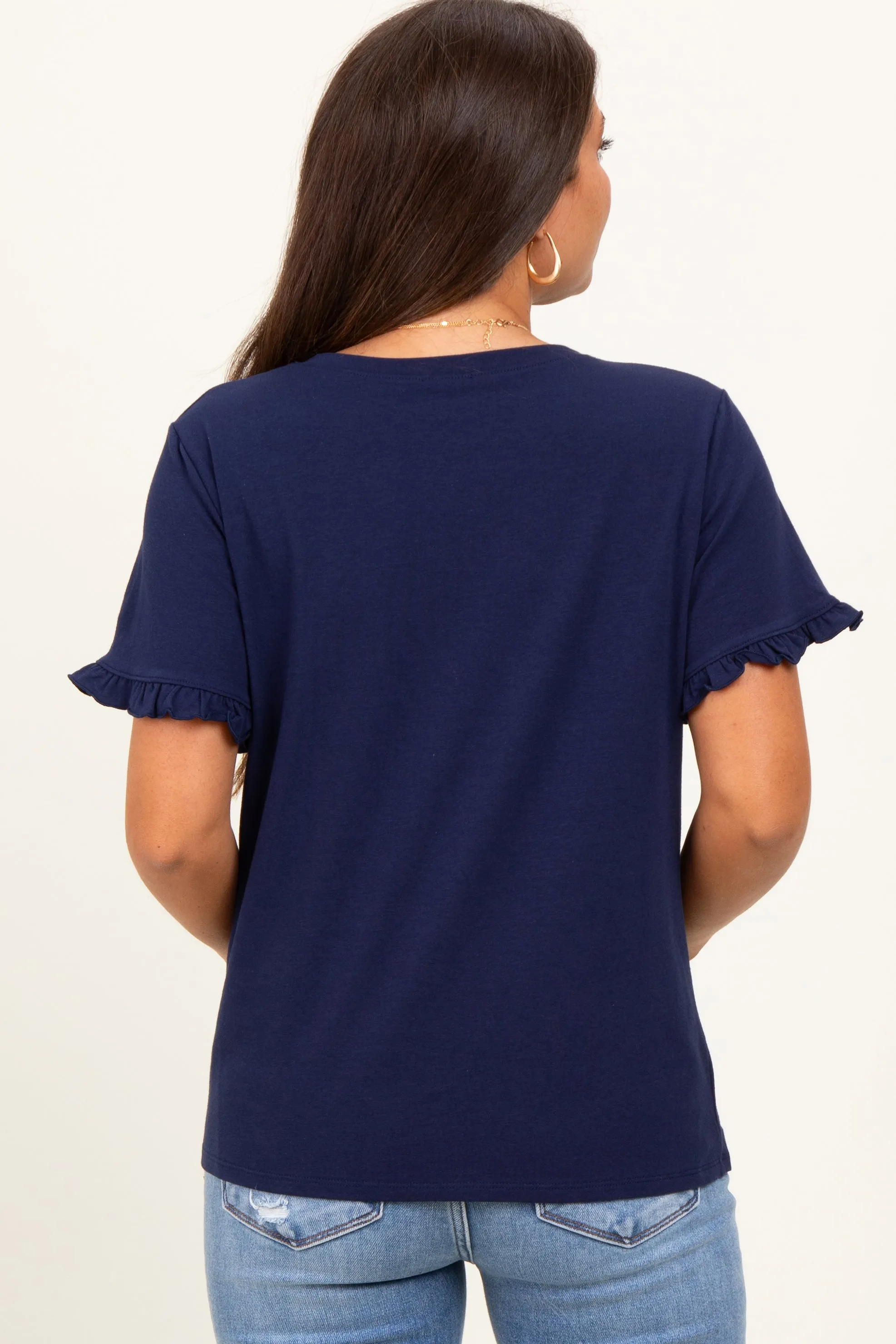 Navy Ruffle Trim Short Sleeve Maternity T-Shirt sold by Pinkblush product image thumbnail 4