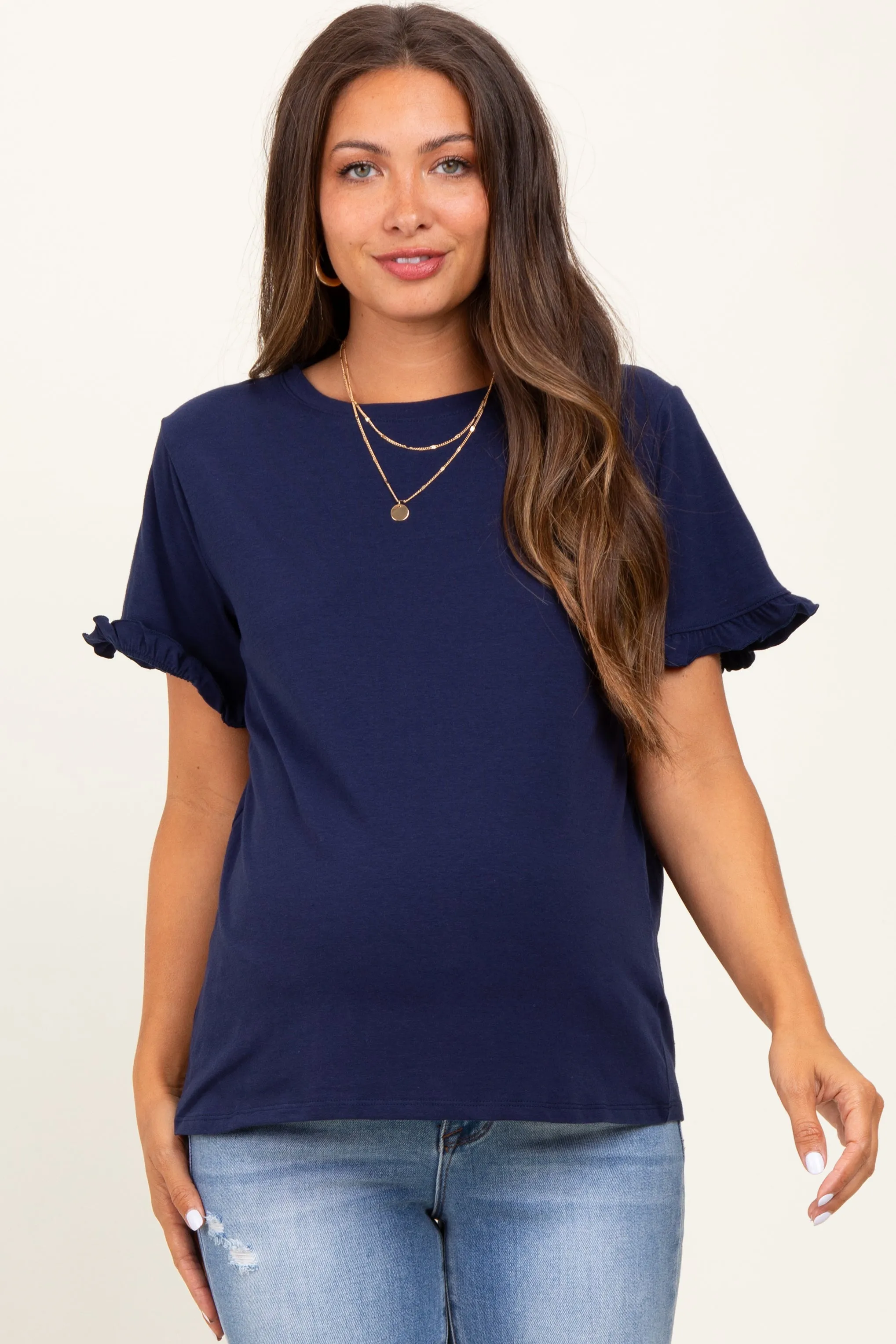 Navy Ruffle Trim Short Sleeve Maternity T-Shirt sold by Pinkblush