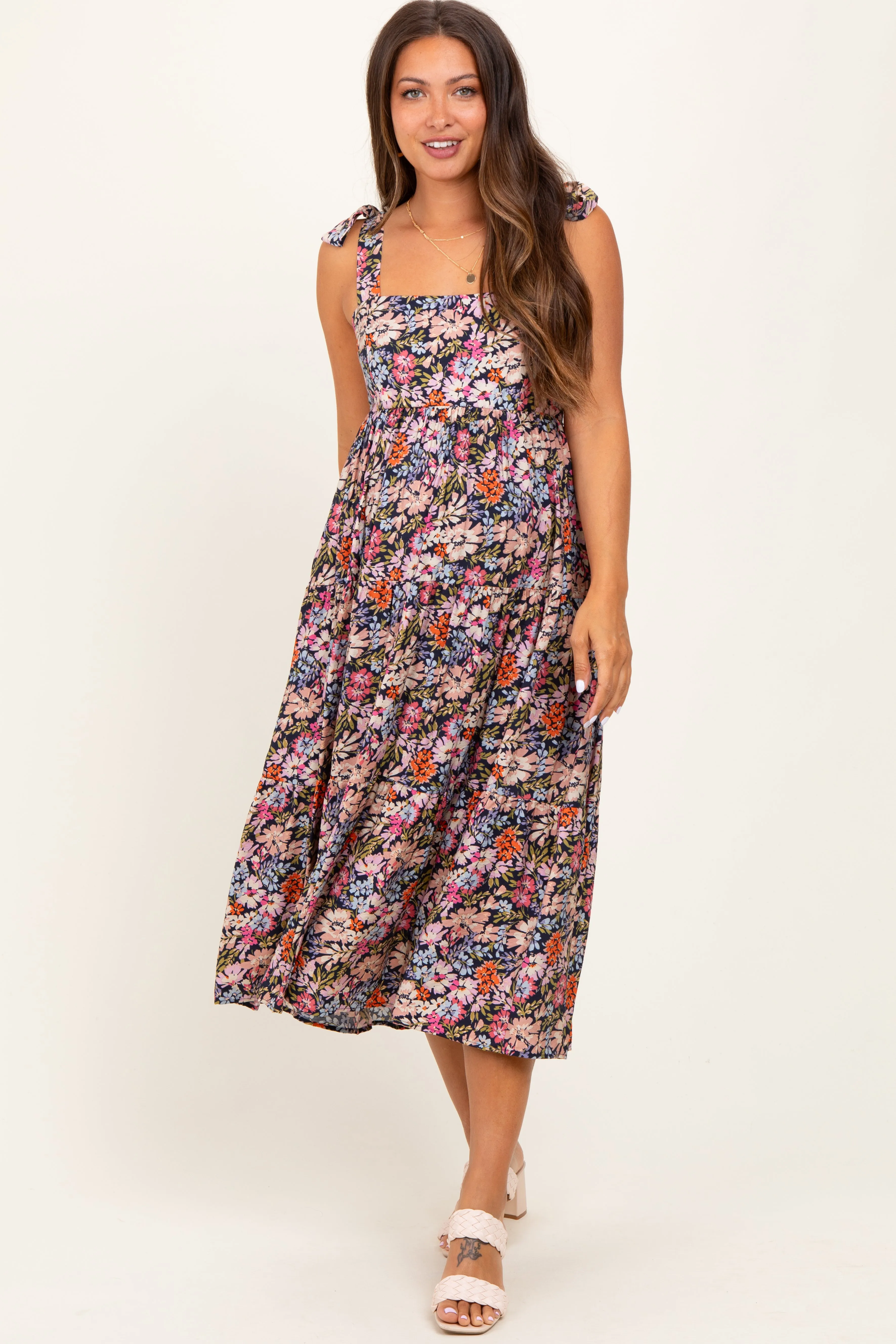 Navy Floral Shoulder Tie Maternity Midi Dress sold by Pinkblush product image thumbnail 2