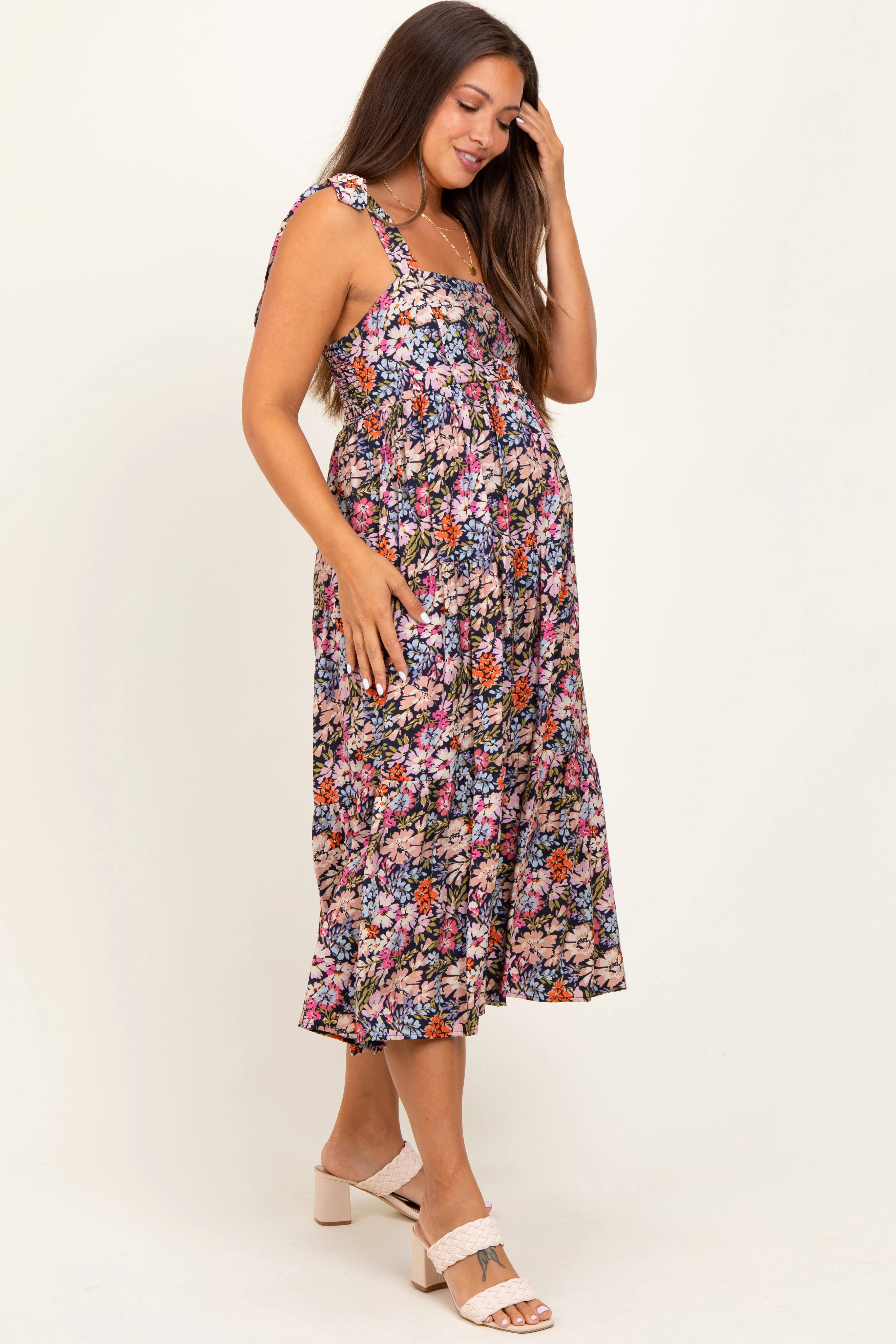 Navy Floral Shoulder Tie Maternity Midi Dress sold by Pinkblush product image thumbnail 3