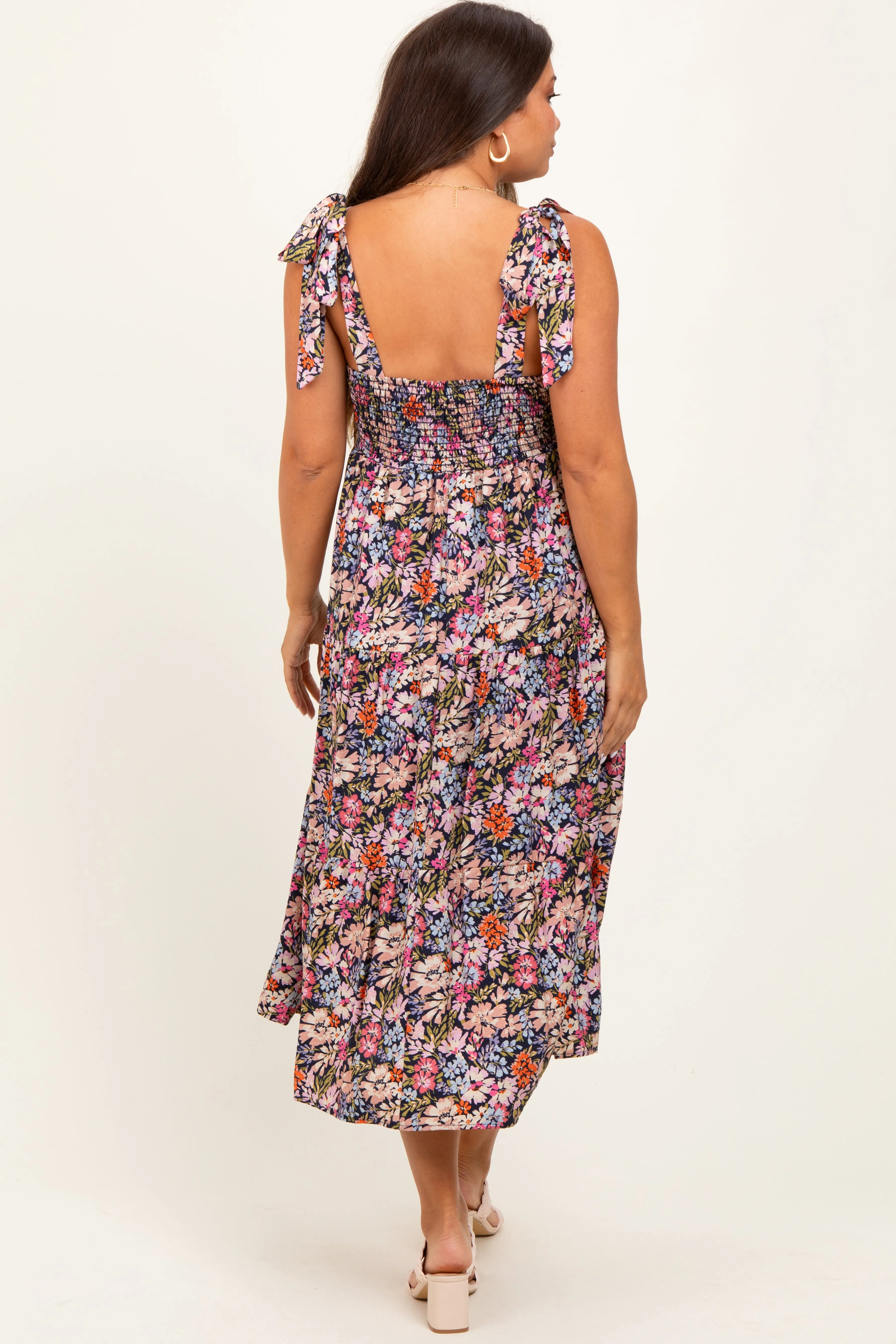 Navy Floral Shoulder Tie Maternity Midi Dress sold by Pinkblush product image thumbnail 4