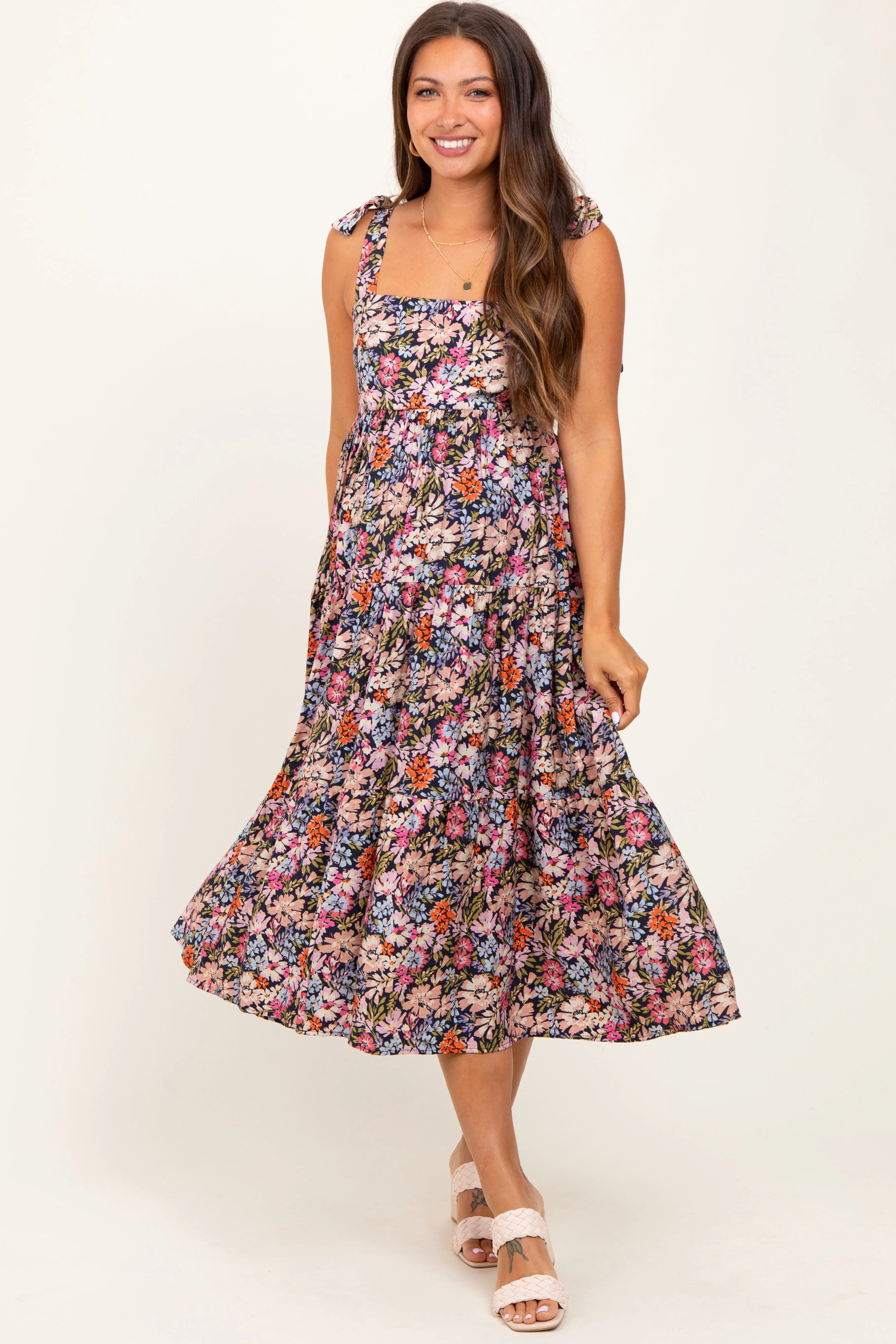 Navy Floral Shoulder Tie Maternity Midi Dress sold by Pinkblush