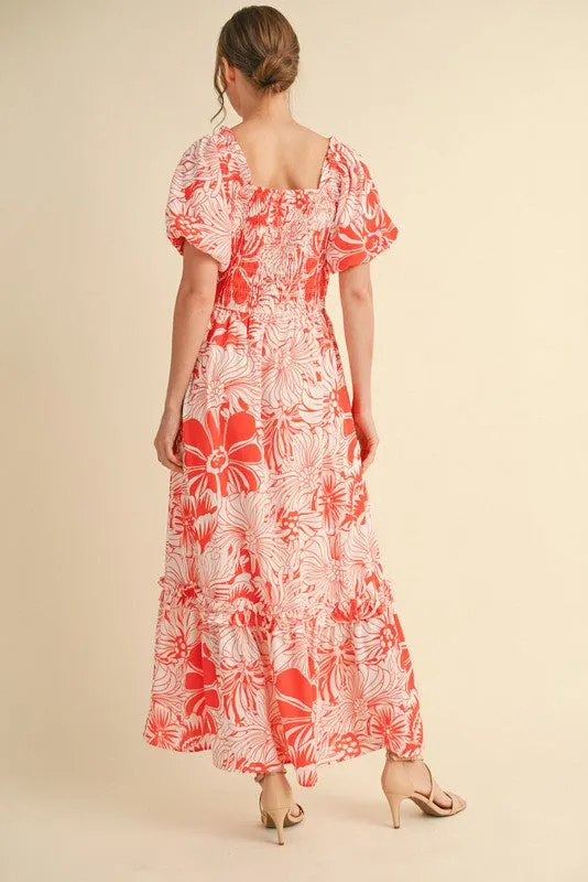 Coral Floral Print Smocked Bodice Maxi Dress sold by Pinkblush product image thumbnail 3
