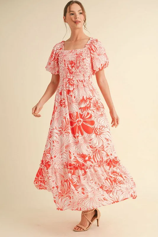 Coral Floral Print Smocked Bodice Maxi Dress sold by Pinkblush product image thumbnail 2