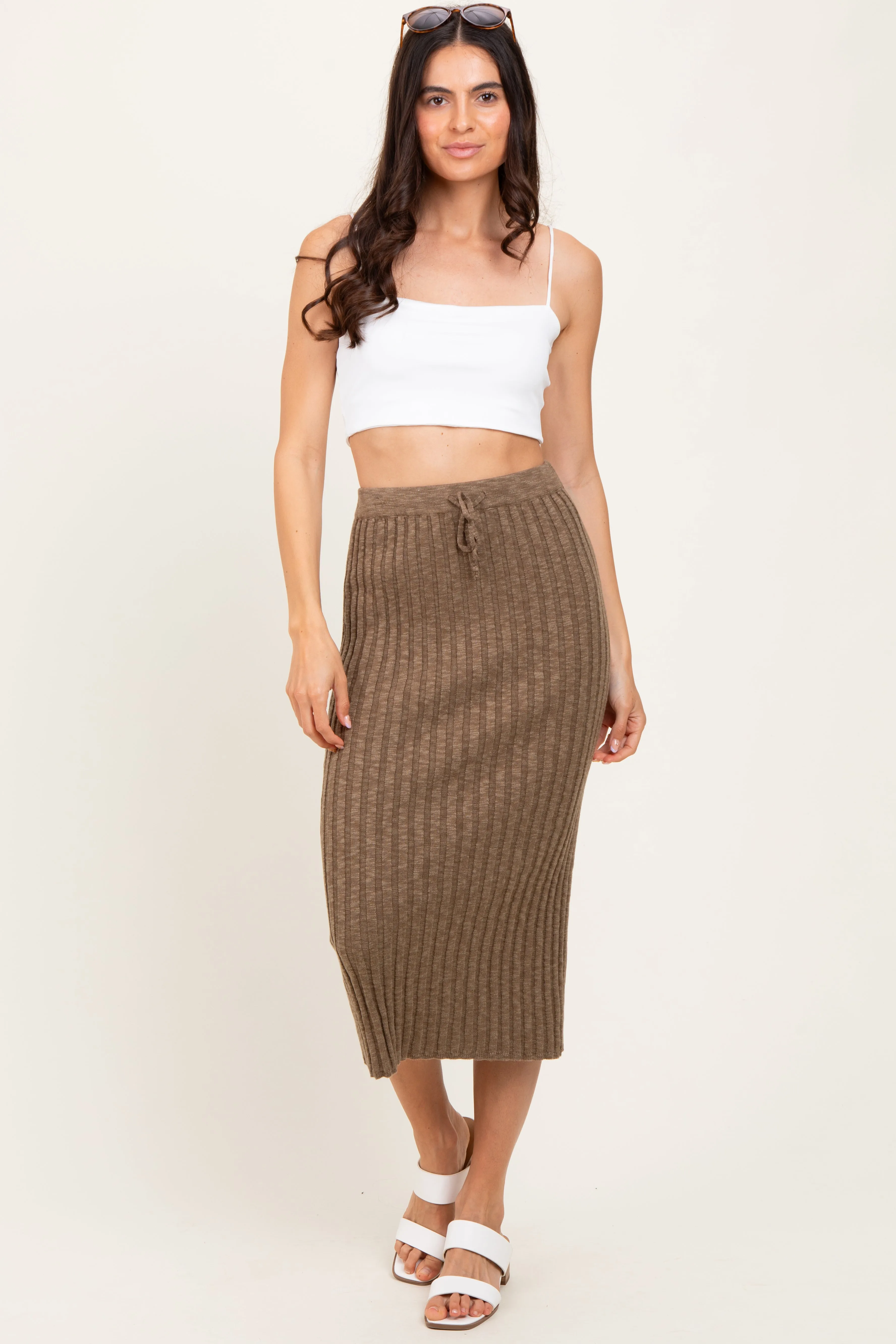 Mocha Ribbed Knit Drawstring Midi Skirt sold by Pinkblush product image thumbnail 2