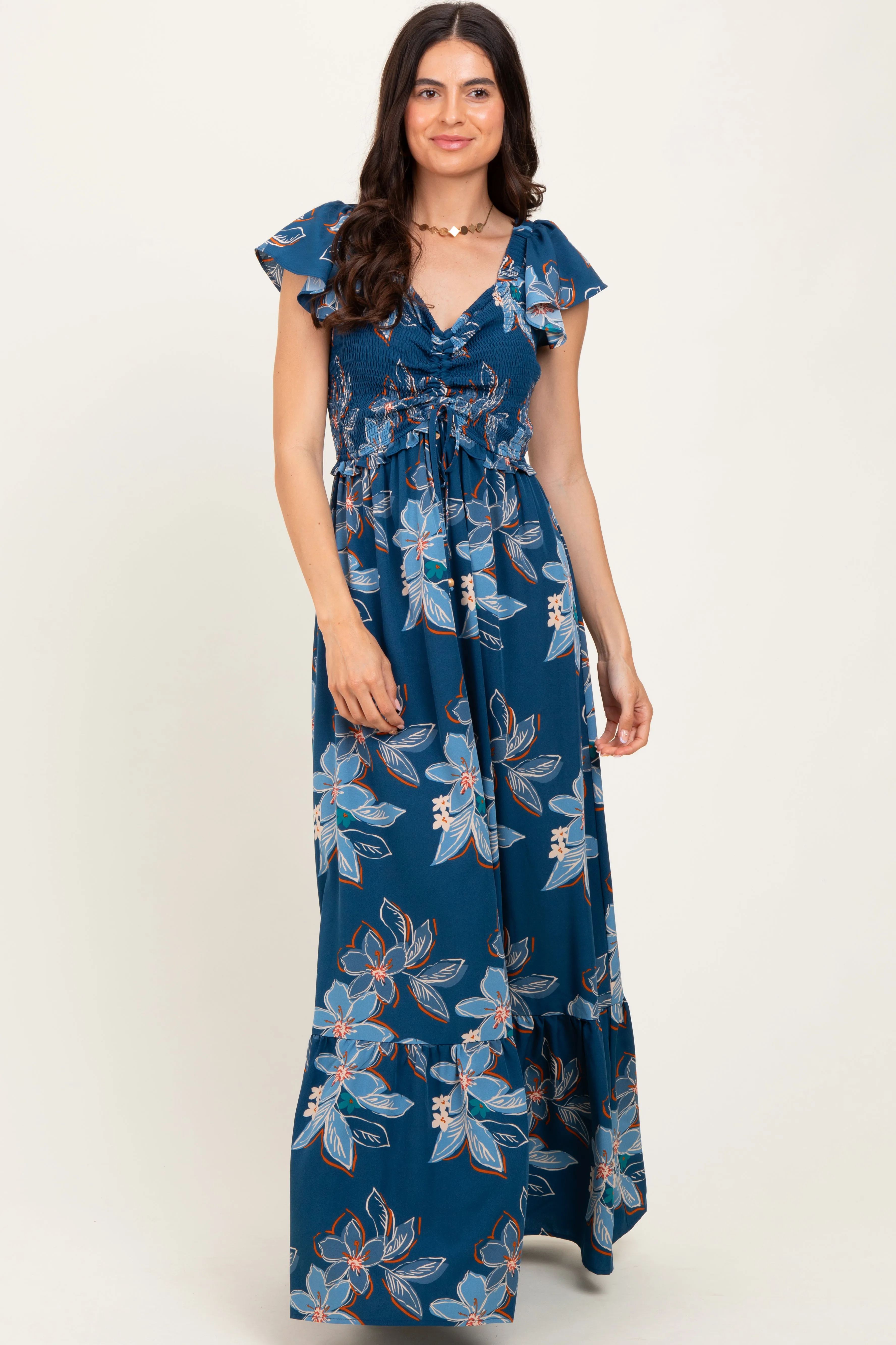Navy Floral Smocked Cinched Top Maxi Dress sold by Pinkblush product image thumbnail 2