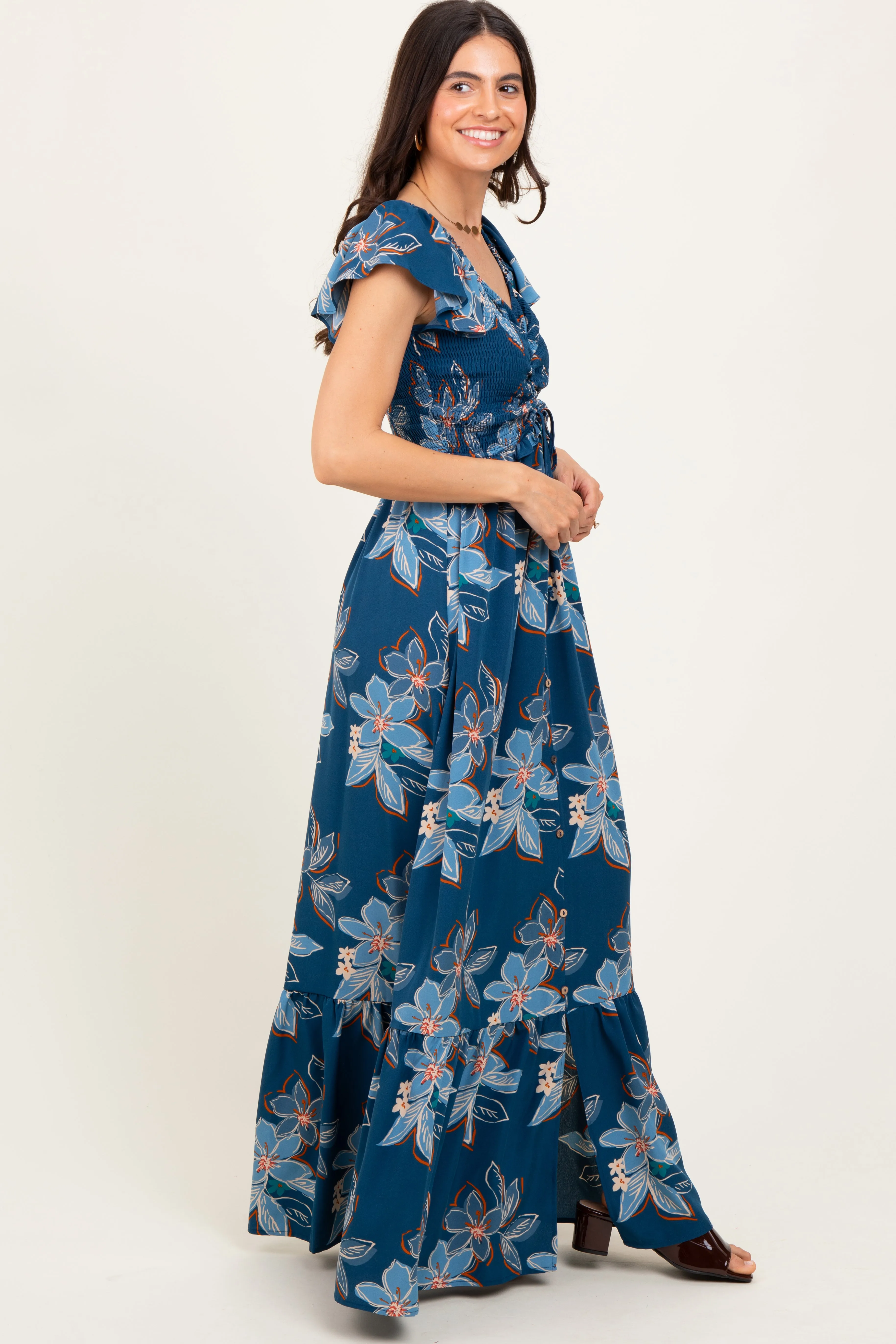 Navy Floral Smocked Cinched Top Maxi Dress sold by Pinkblush product image thumbnail 3