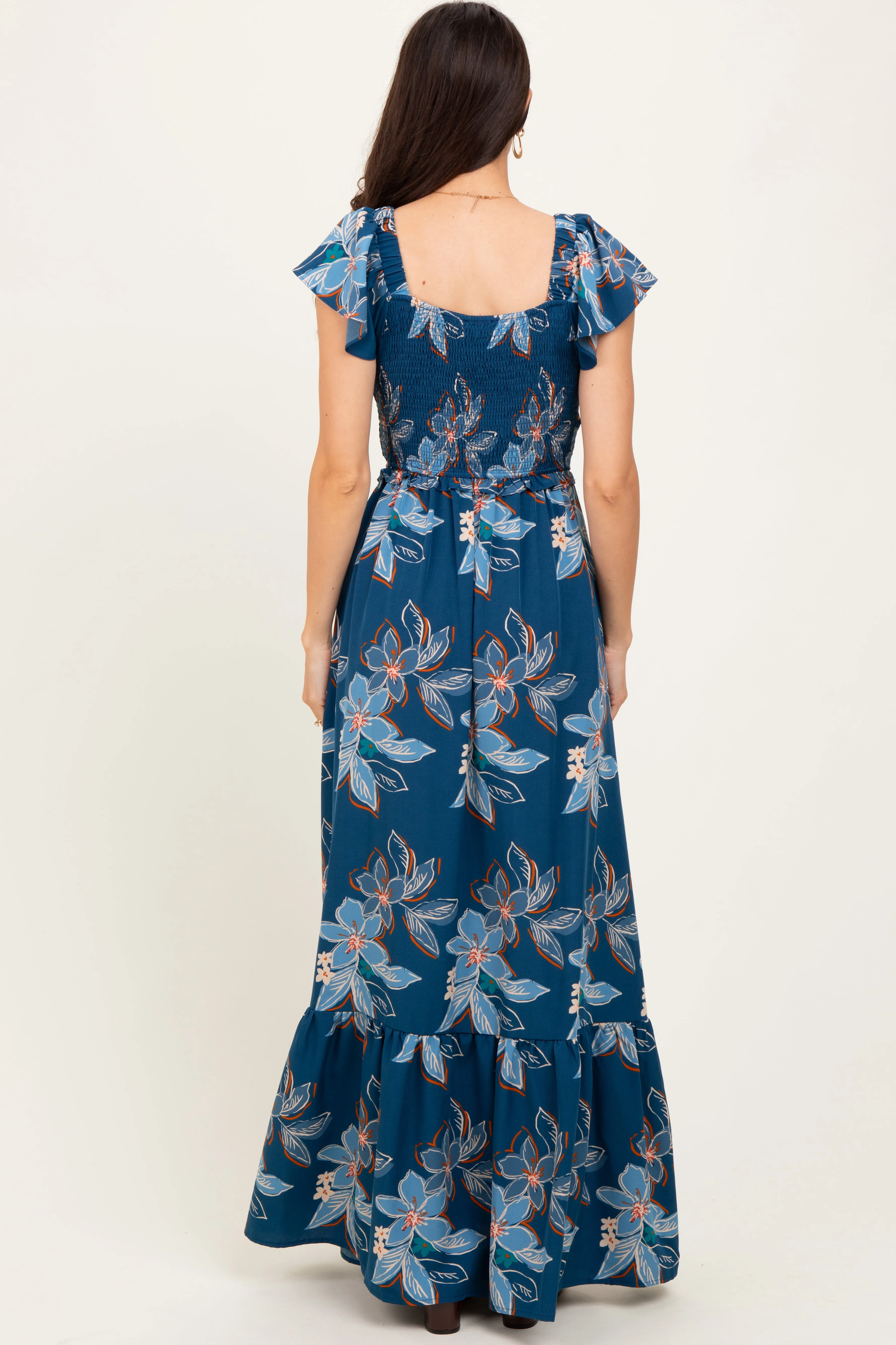 Navy Floral Smocked Cinched Top Maxi Dress sold by Pinkblush product image thumbnail 4