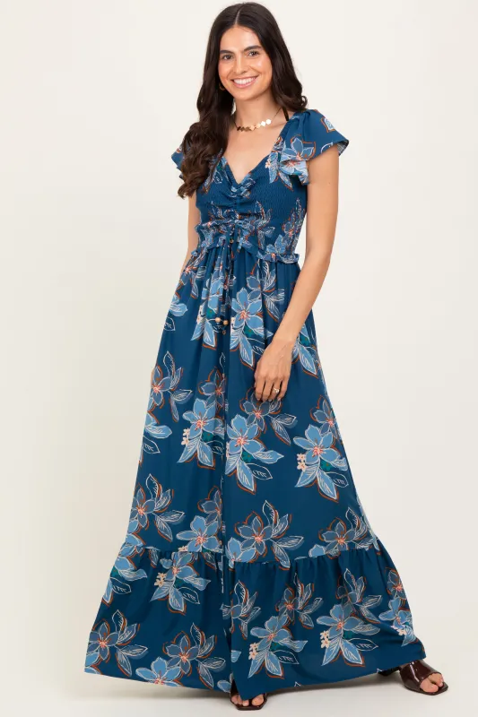 Navy Floral Smocked Cinched Top Maxi Dress sold by Pinkblush
