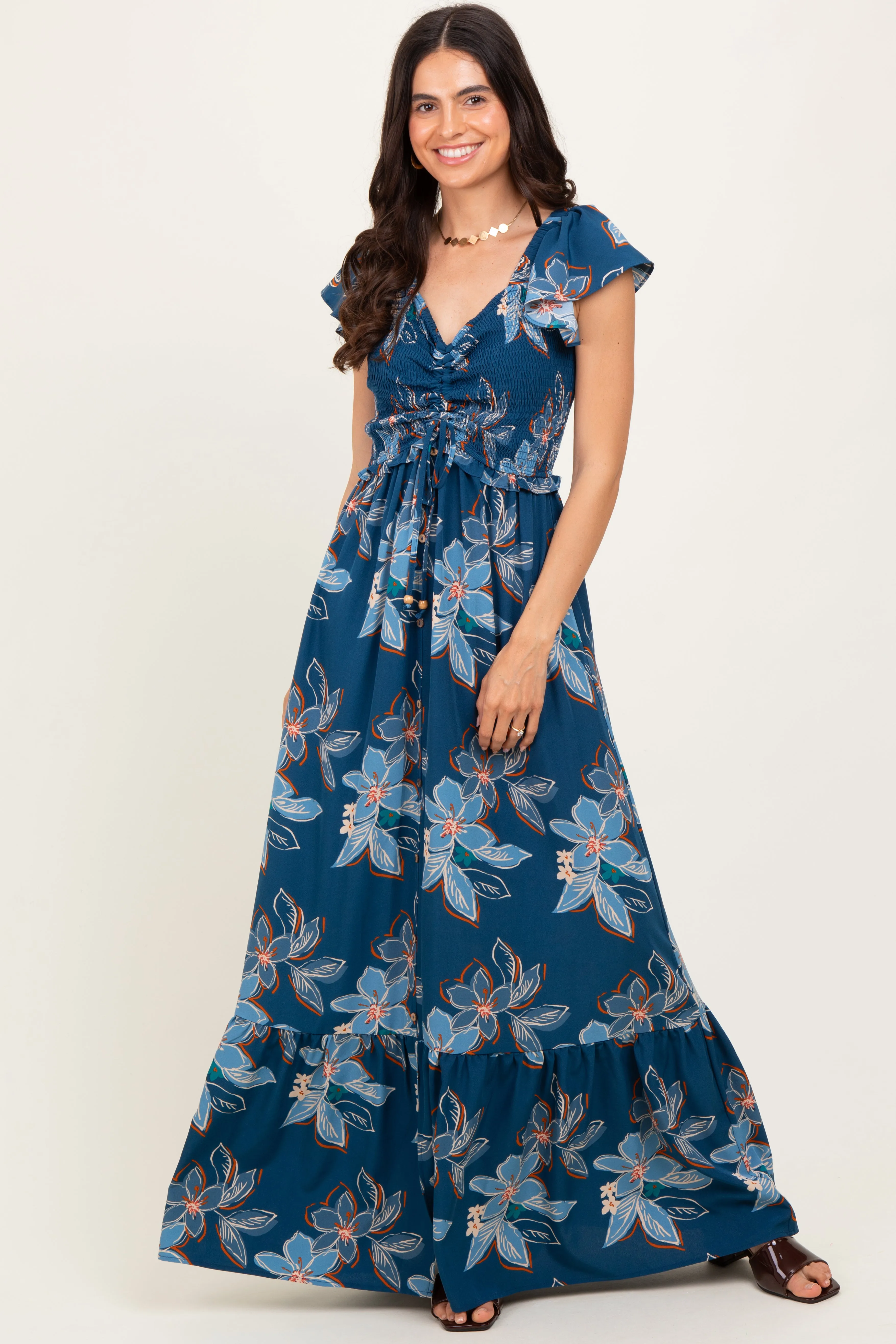 Navy Floral Smocked Cinched Top Maxi Dress sold by Pinkblush