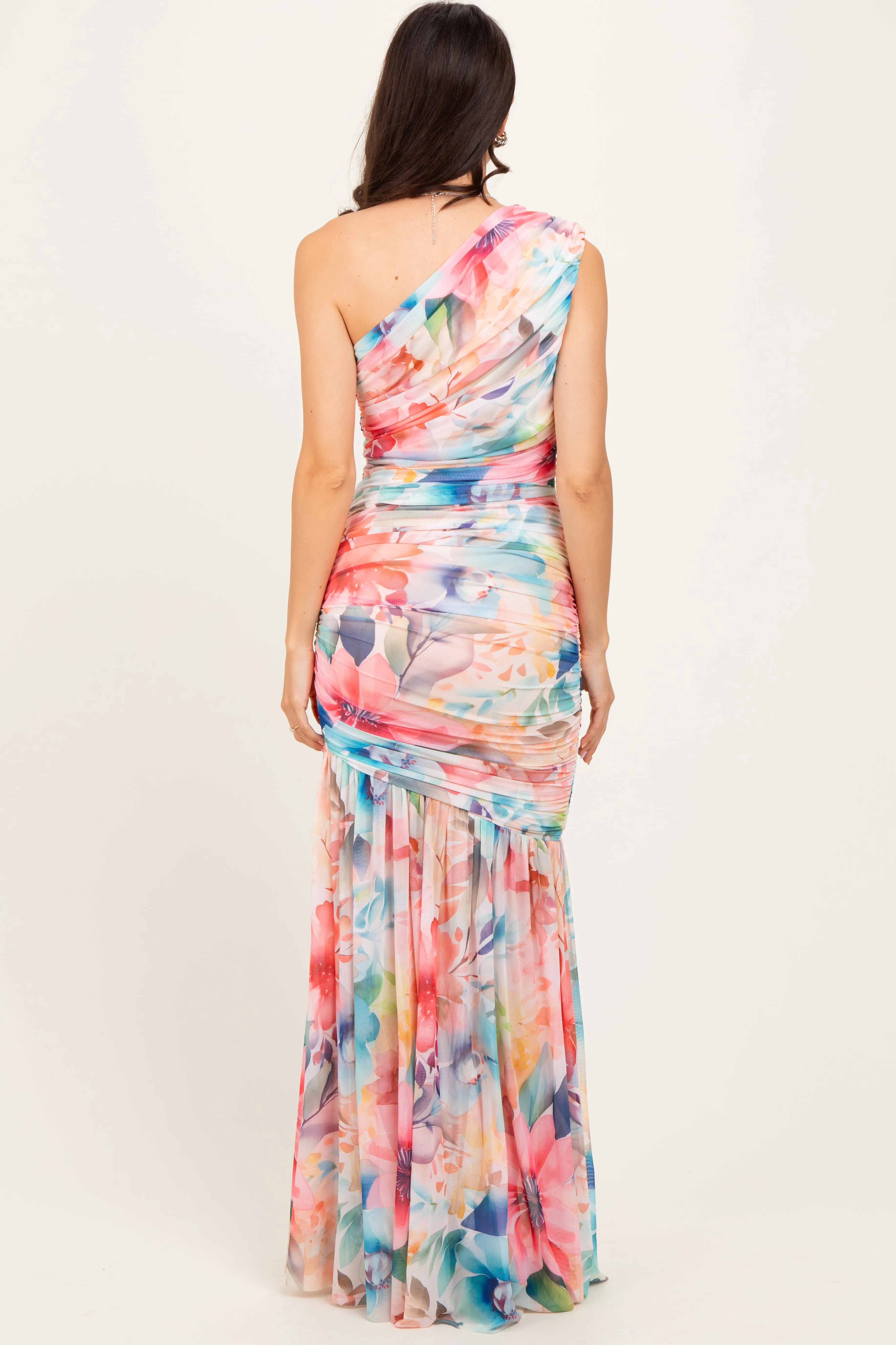 Multicolor Floral Ruched Mesh One Shoulder Maxi Dress sold by Pinkblush product image thumbnail 4