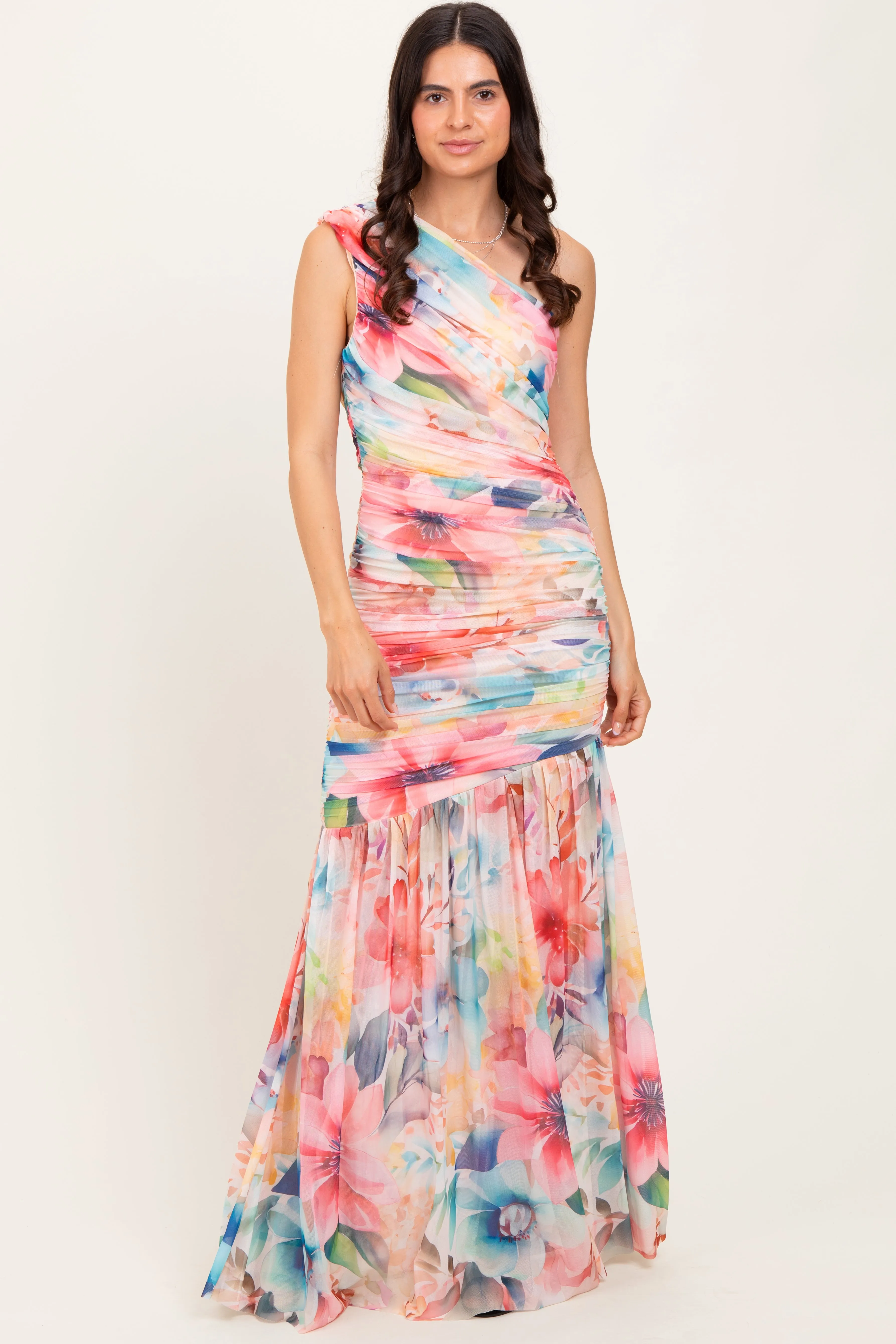 Multicolor Floral Ruched Mesh One Shoulder Maxi Dress sold by Pinkblush