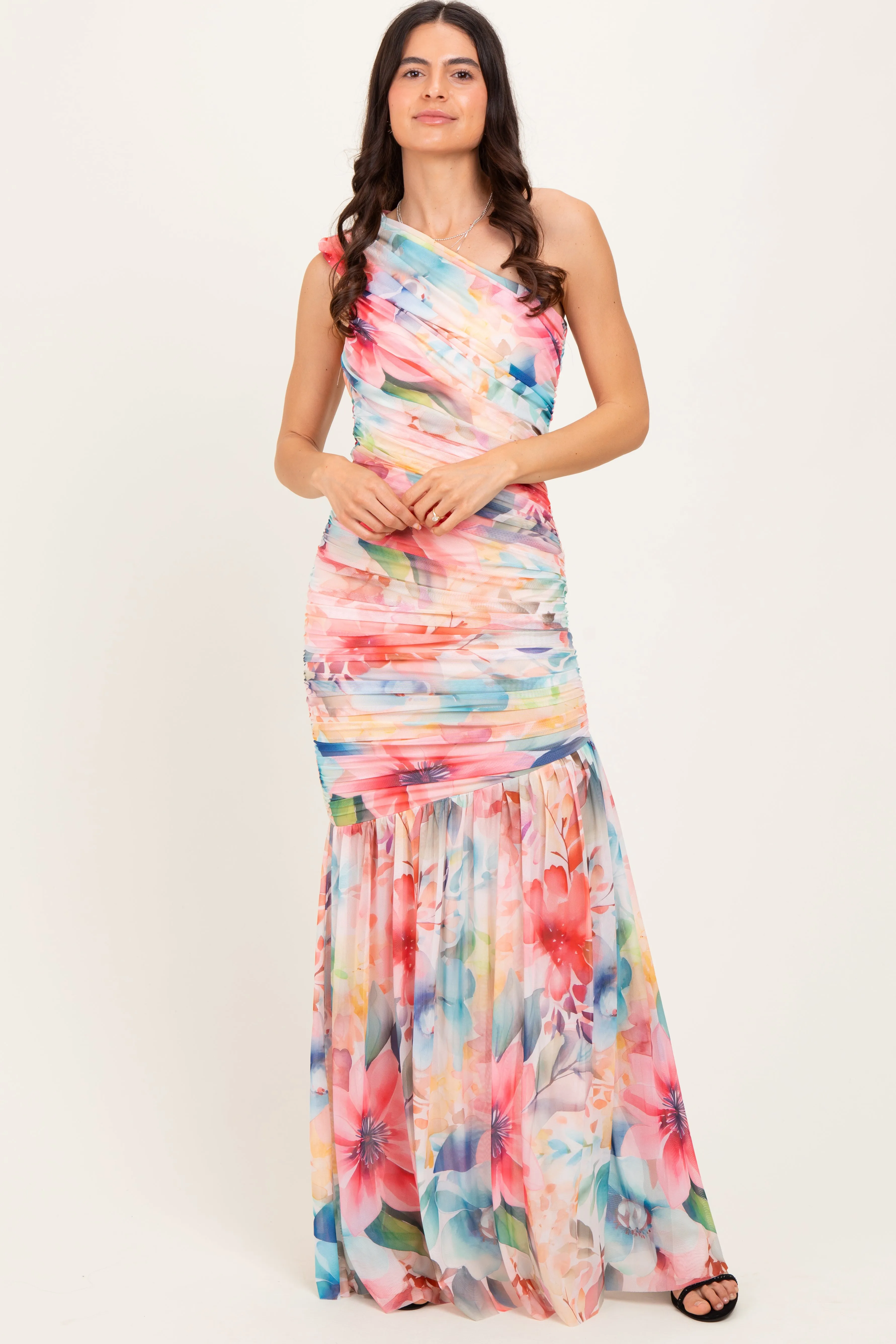 Multicolor Floral Ruched Mesh One Shoulder Maxi Dress sold by Pinkblush product image thumbnail 2