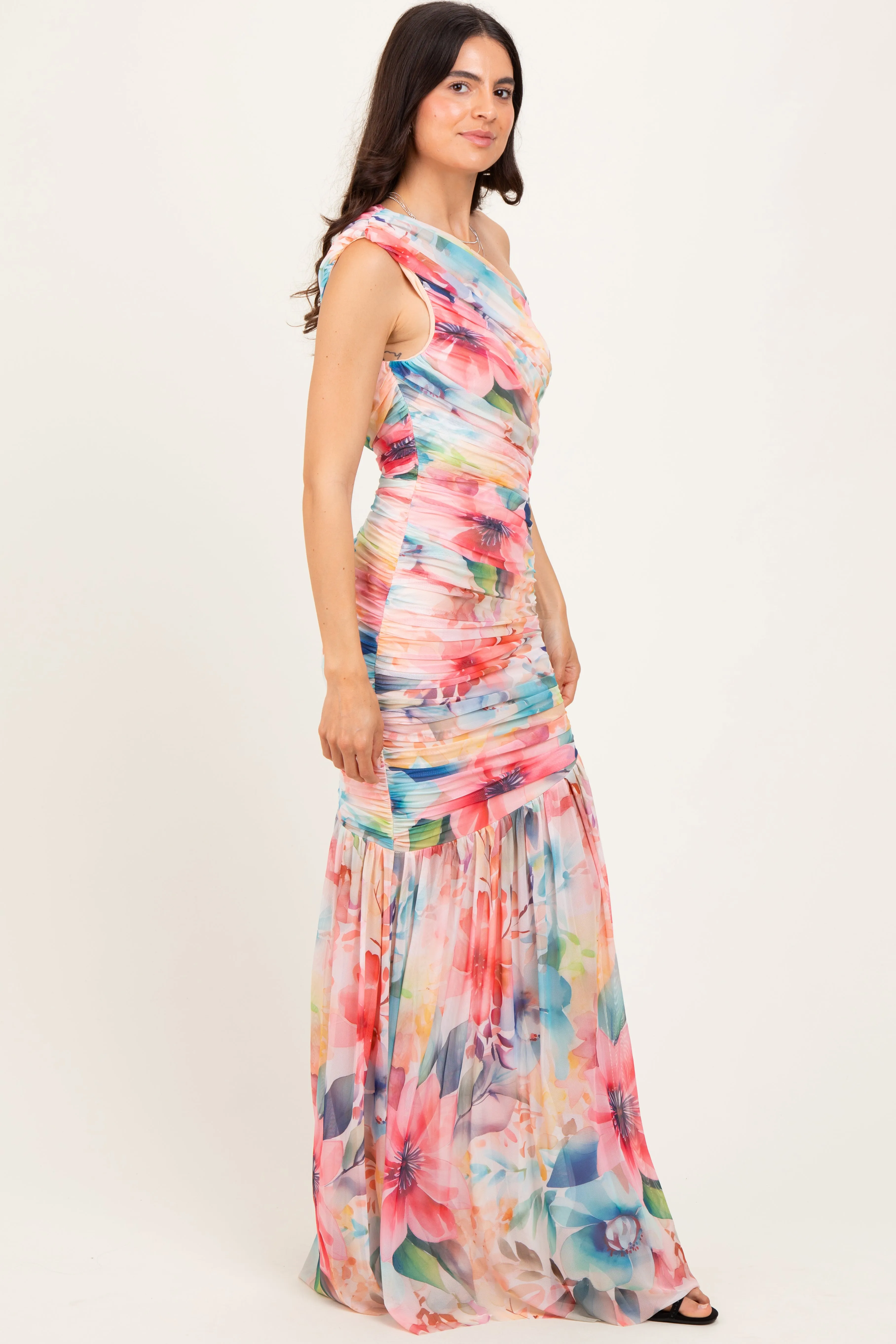 Multicolor Floral Ruched Mesh One Shoulder Maxi Dress sold by Pinkblush product image thumbnail 3