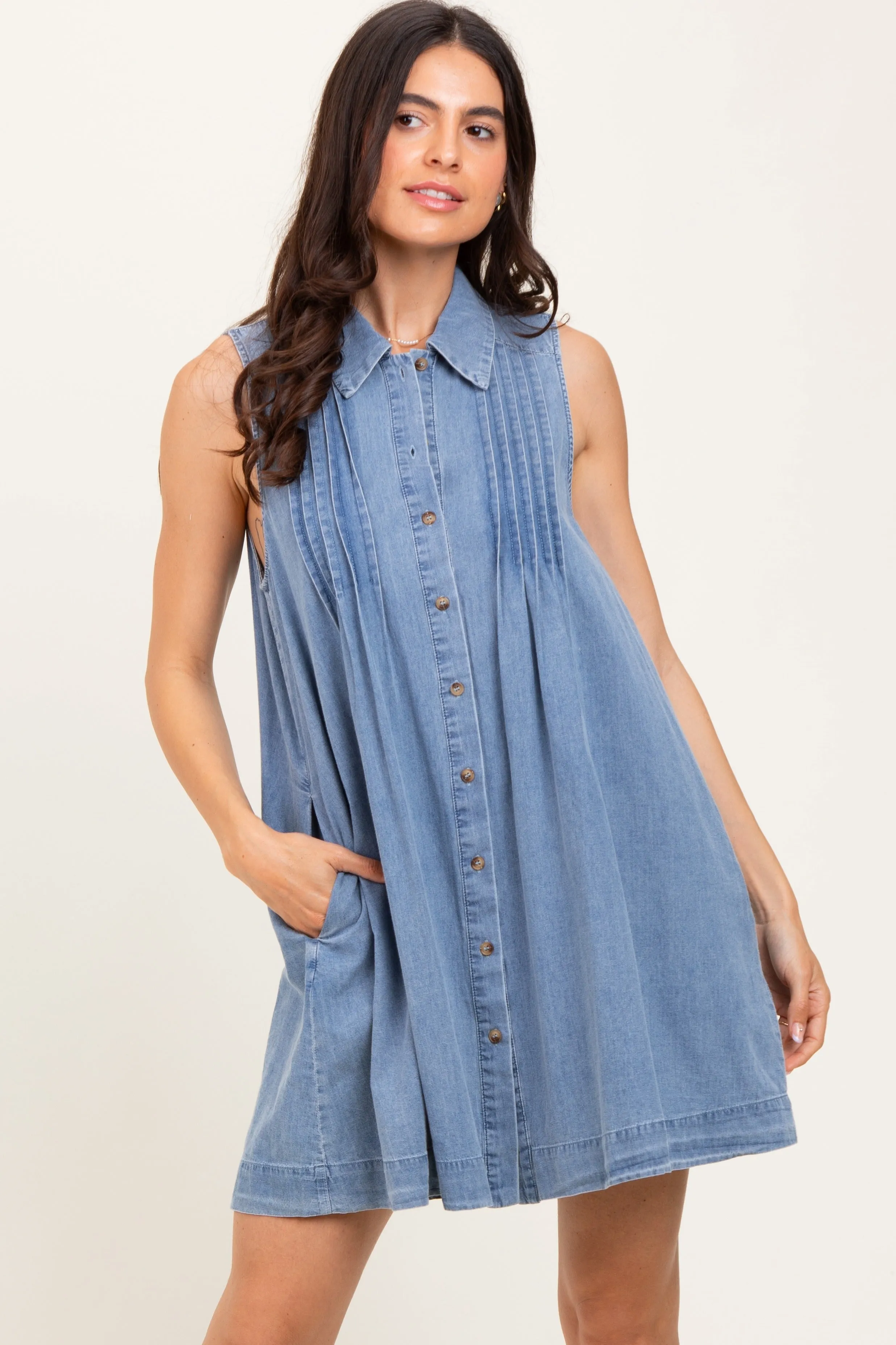 Blue Chambray Pleat Detail Sleeveless Shirt Dress sold by Pinkblush product image thumbnail 2