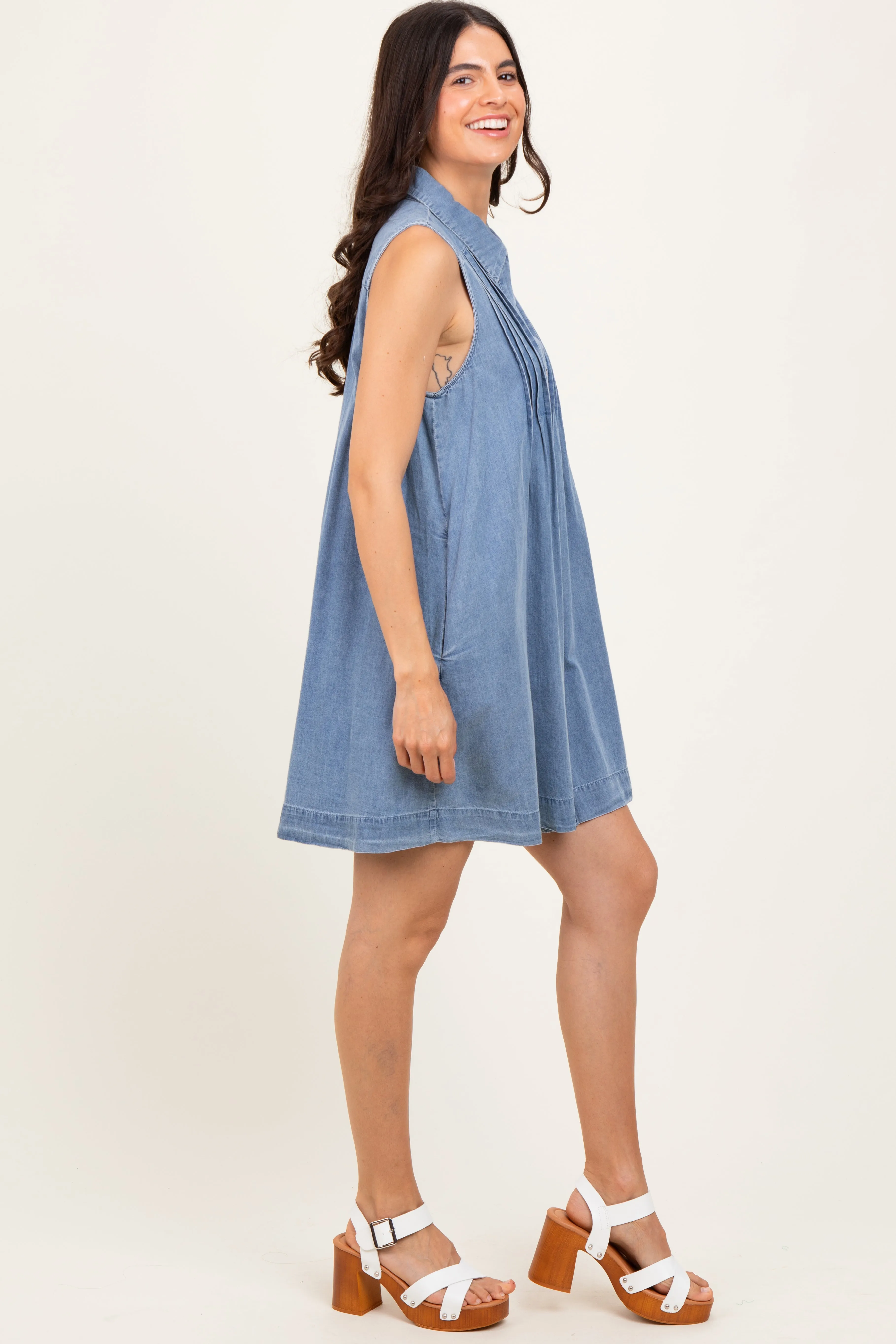 Blue Chambray Pleat Detail Sleeveless Shirt Dress sold by Pinkblush product image thumbnail 3