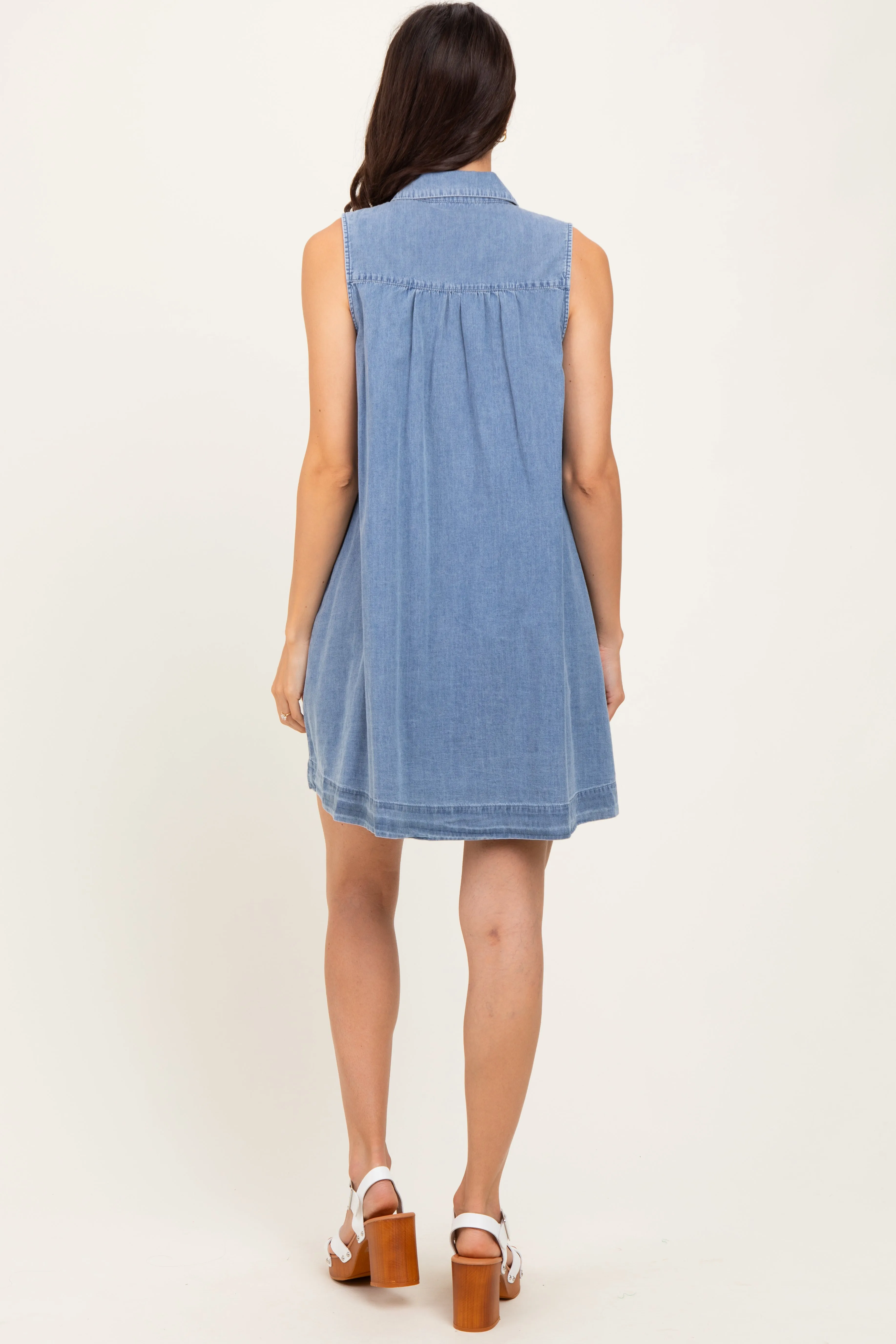 Blue Chambray Pleat Detail Sleeveless Shirt Dress sold by Pinkblush product image thumbnail 4