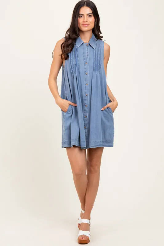 Blue Chambray Pleat Detail Sleeveless Shirt Dress sold by Pinkblush