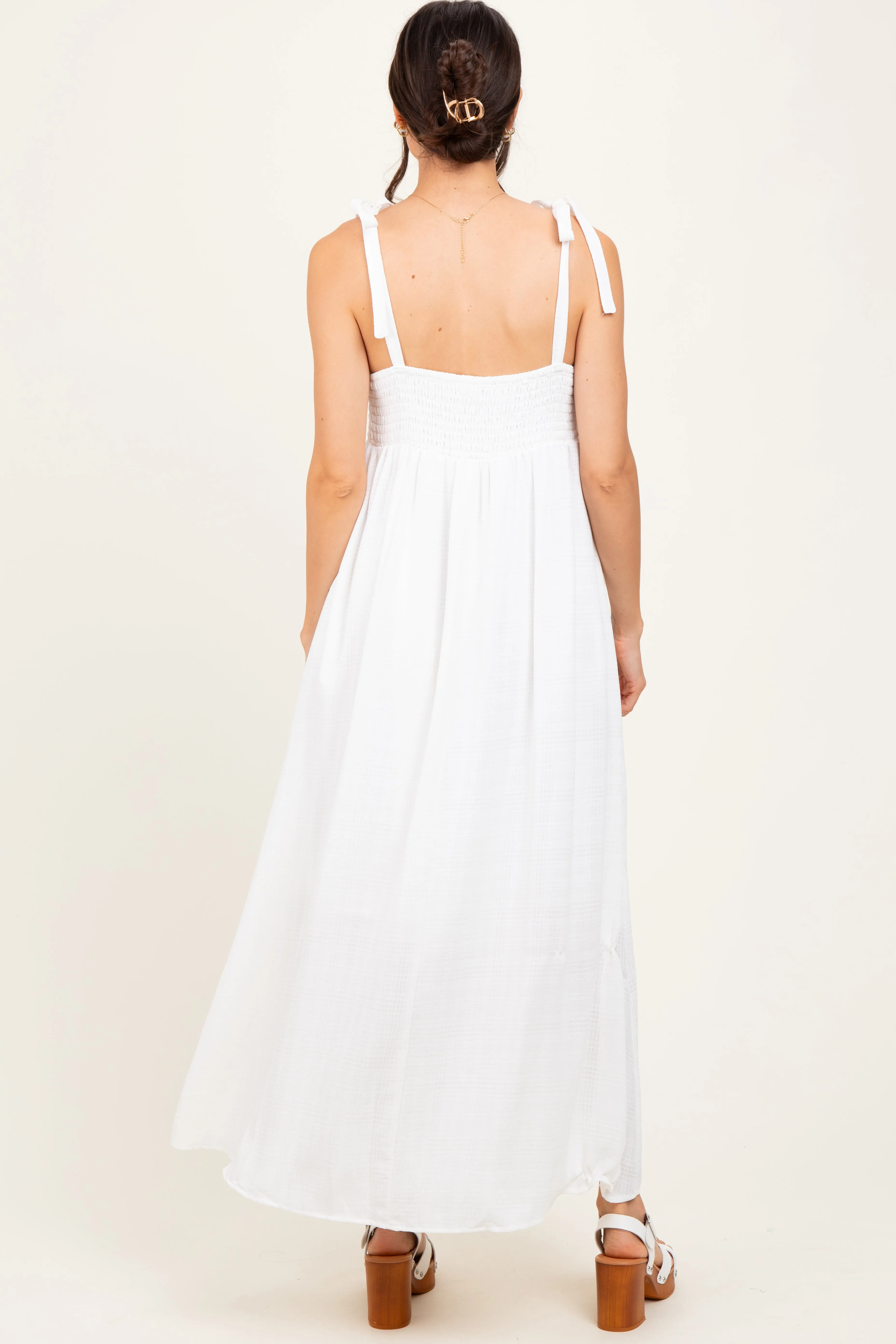 White Plaid Smocked Shoulder Tie Maxi Dress sold by Pinkblush product image thumbnail 4