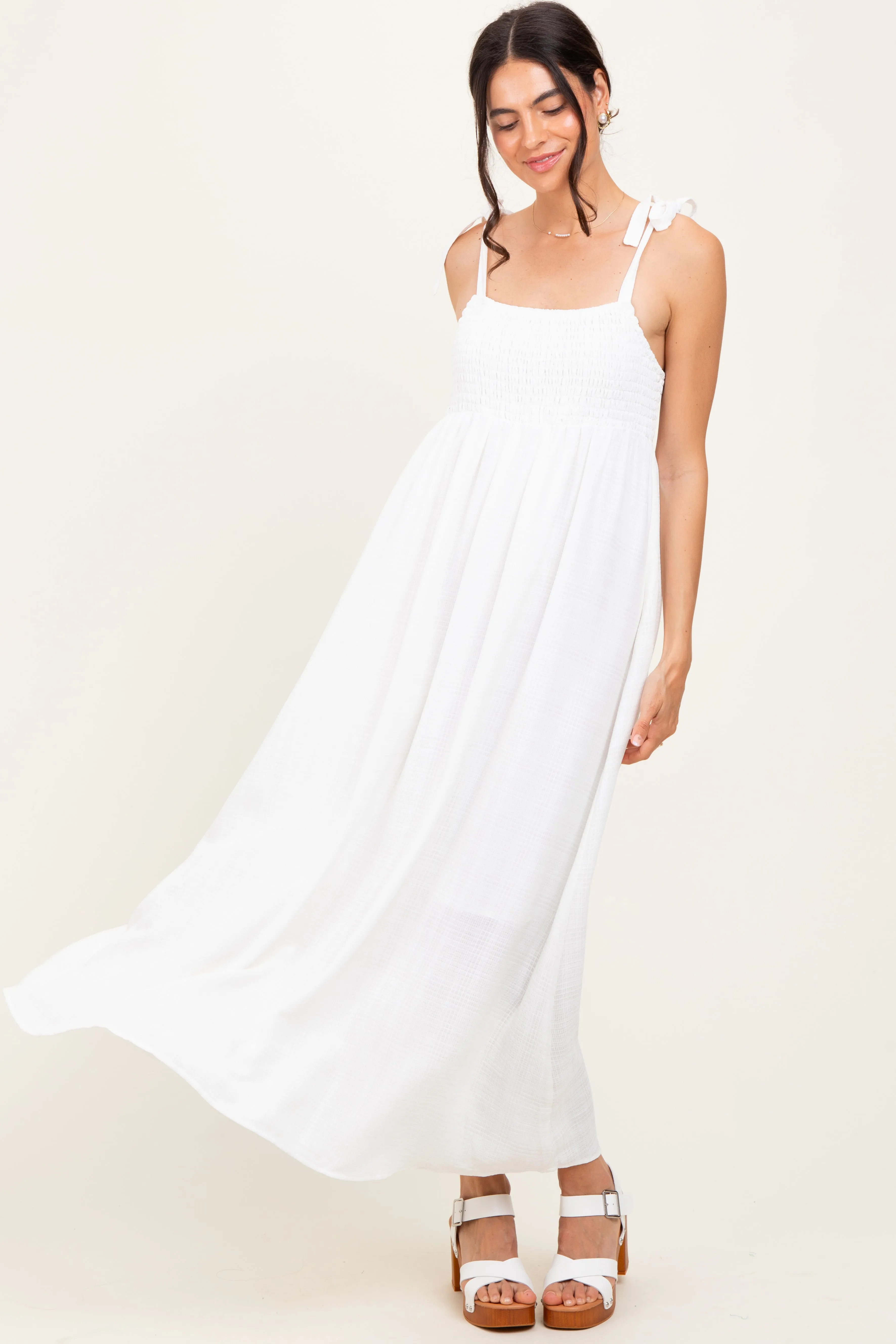 White Plaid Smocked Shoulder Tie Maxi Dress sold by Pinkblush product image thumbnail 2