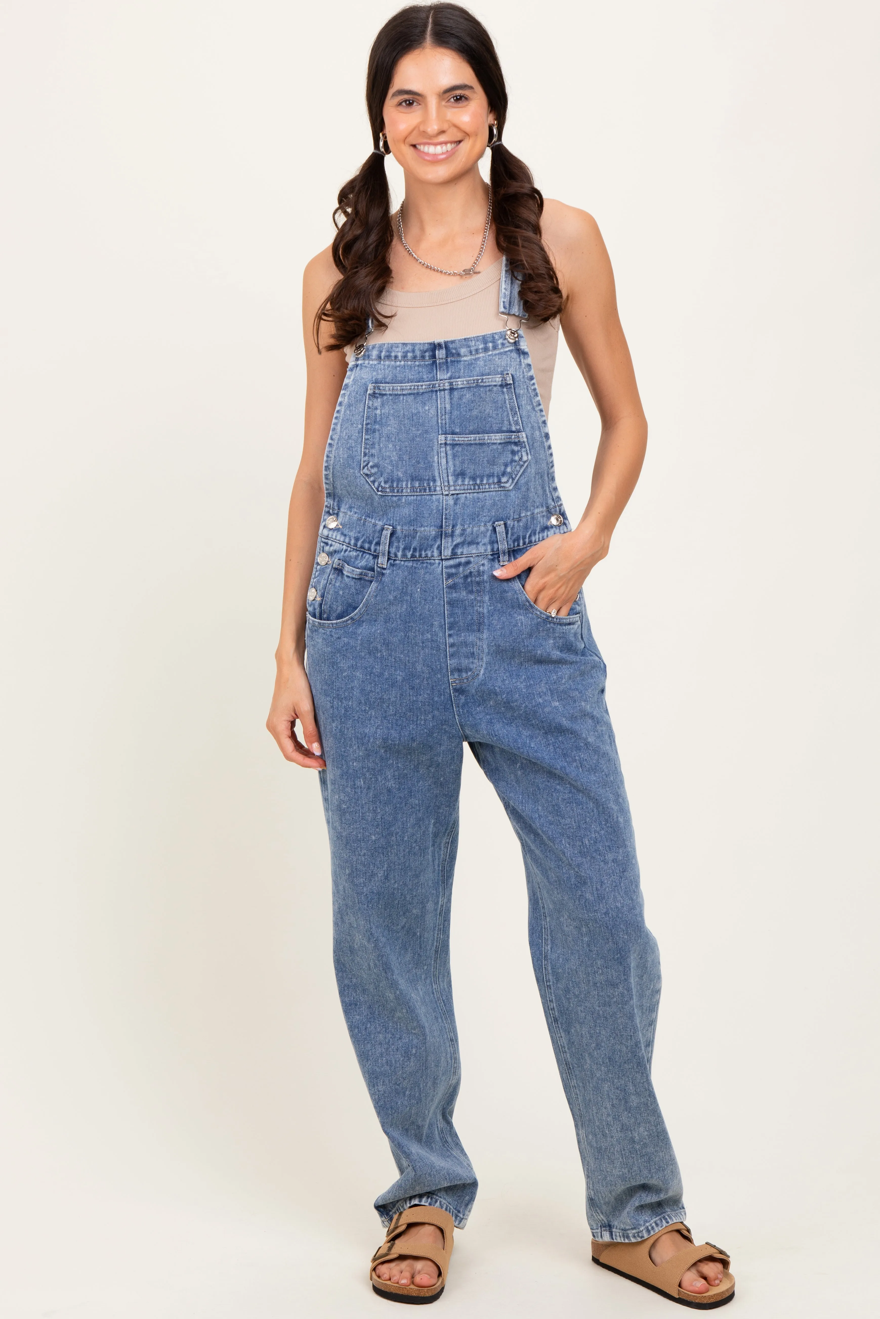 Light Blue Wash Rolled Cuff Denim Overalls sold by Pinkblush