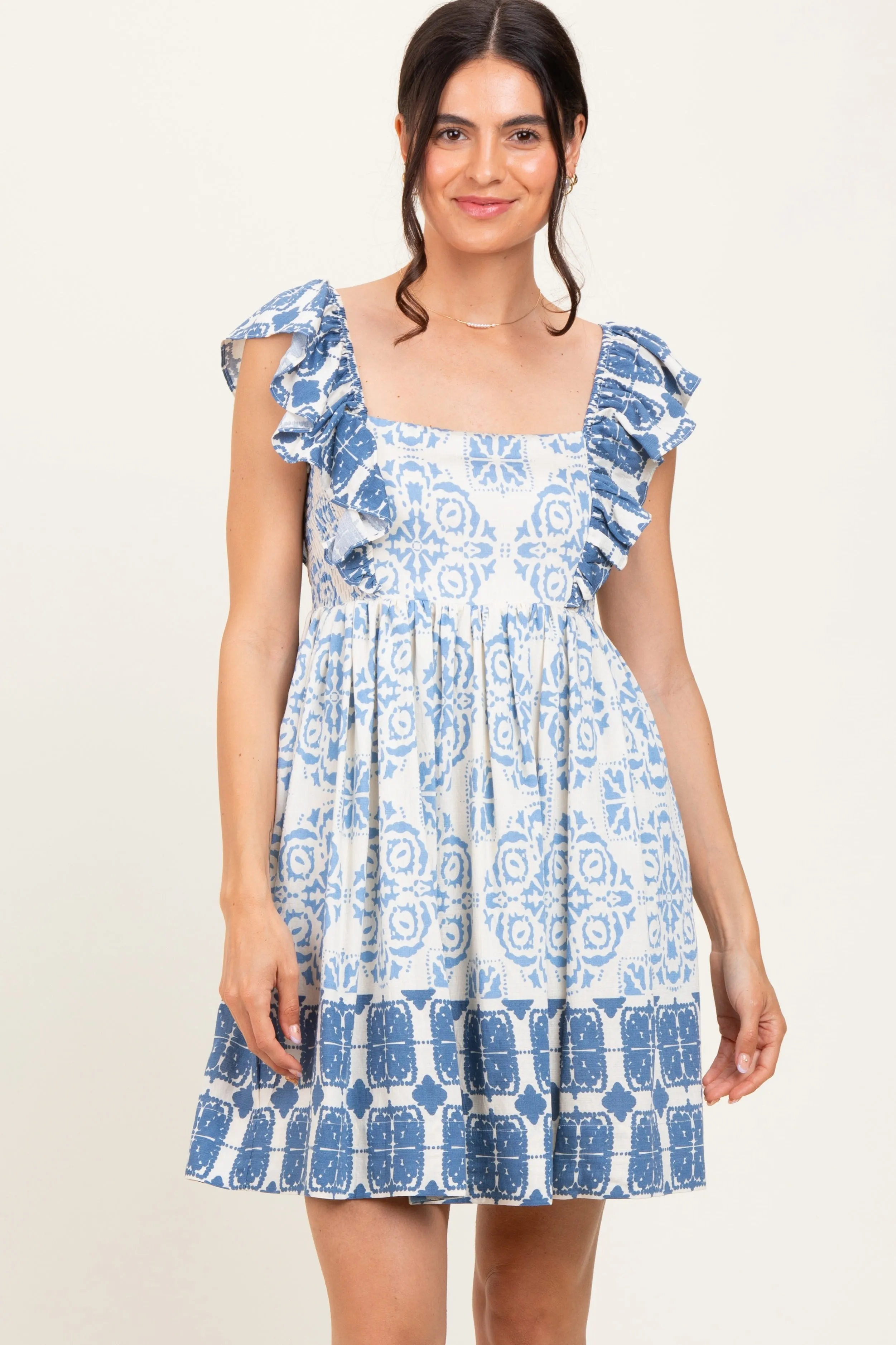 Blue Damask Ruffle Sleeve Mini Dress sold by Pinkblush product image thumbnail 2