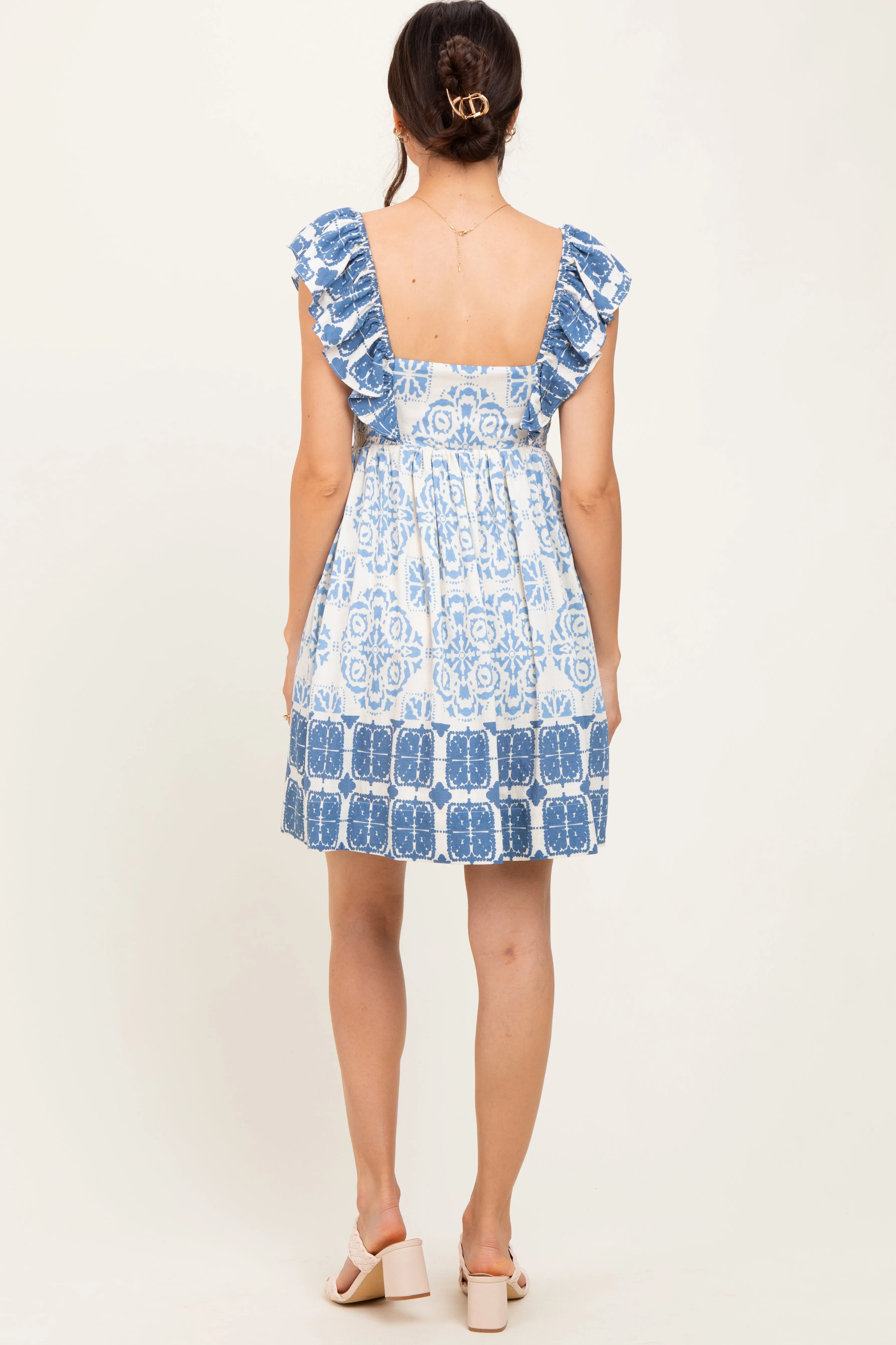 Blue Damask Ruffle Sleeve Mini Dress sold by Pinkblush product image thumbnail 4