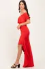Red Off Shoulder Ruffle Hi-Low Maxi Dress sold by Pinkblush