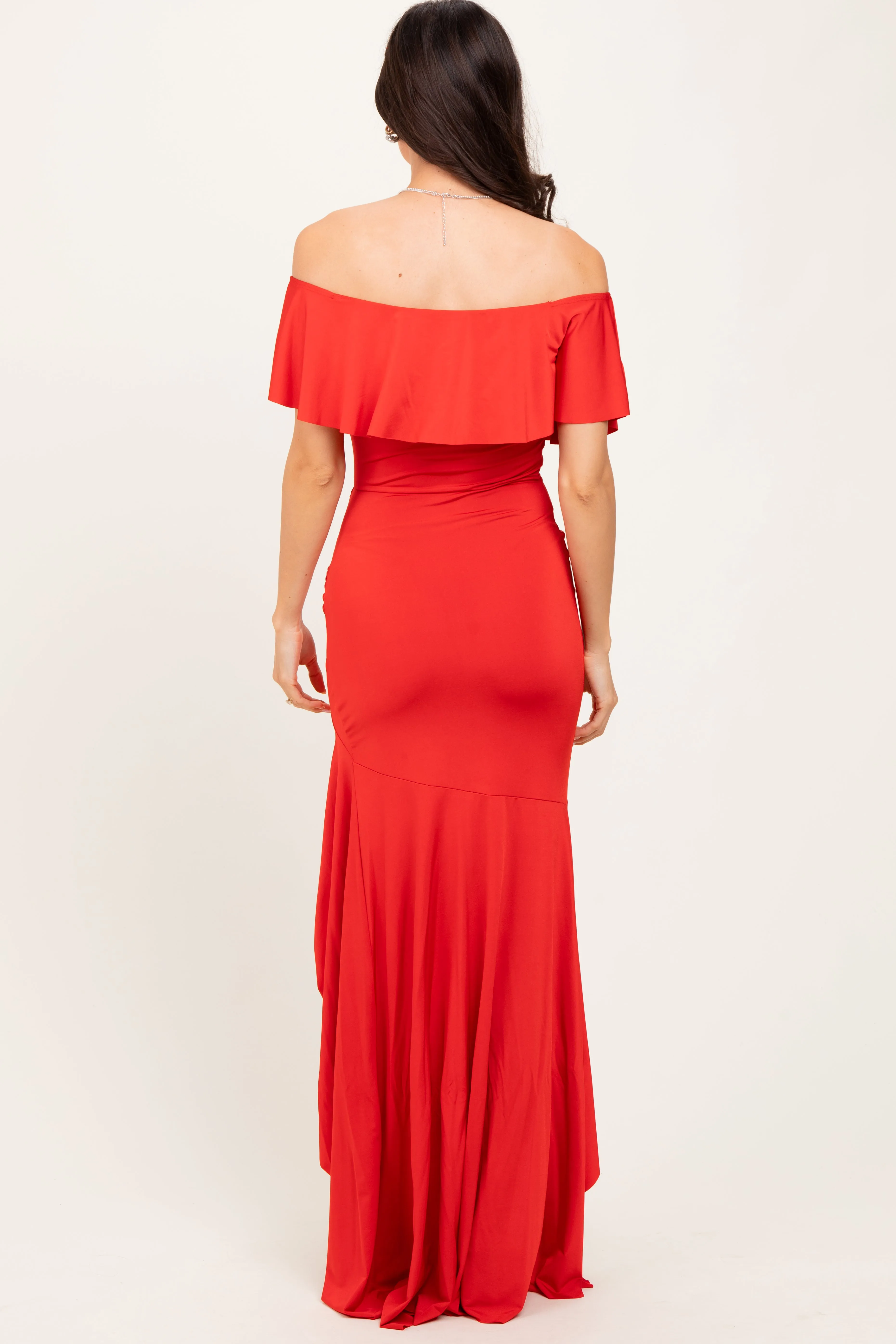 Red Off Shoulder Ruffle Hi-Low Maxi Dress sold by Pinkblush product image thumbnail 4