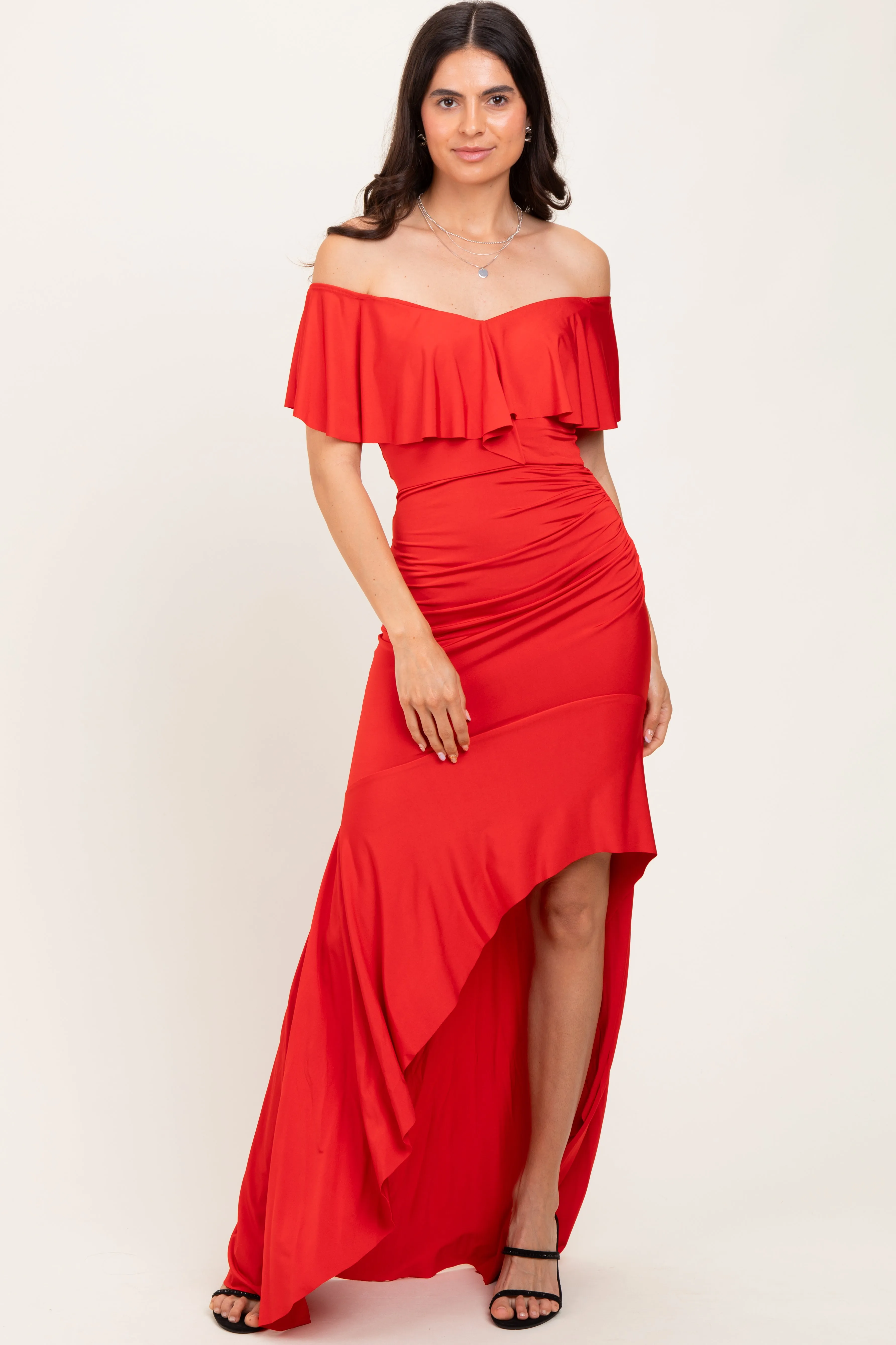 Red Off Shoulder Ruffle Hi-Low Maxi Dress sold by Pinkblush