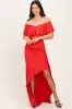 Red Off Shoulder Ruffle Hi-Low Maxi Dress sold by Pinkblush