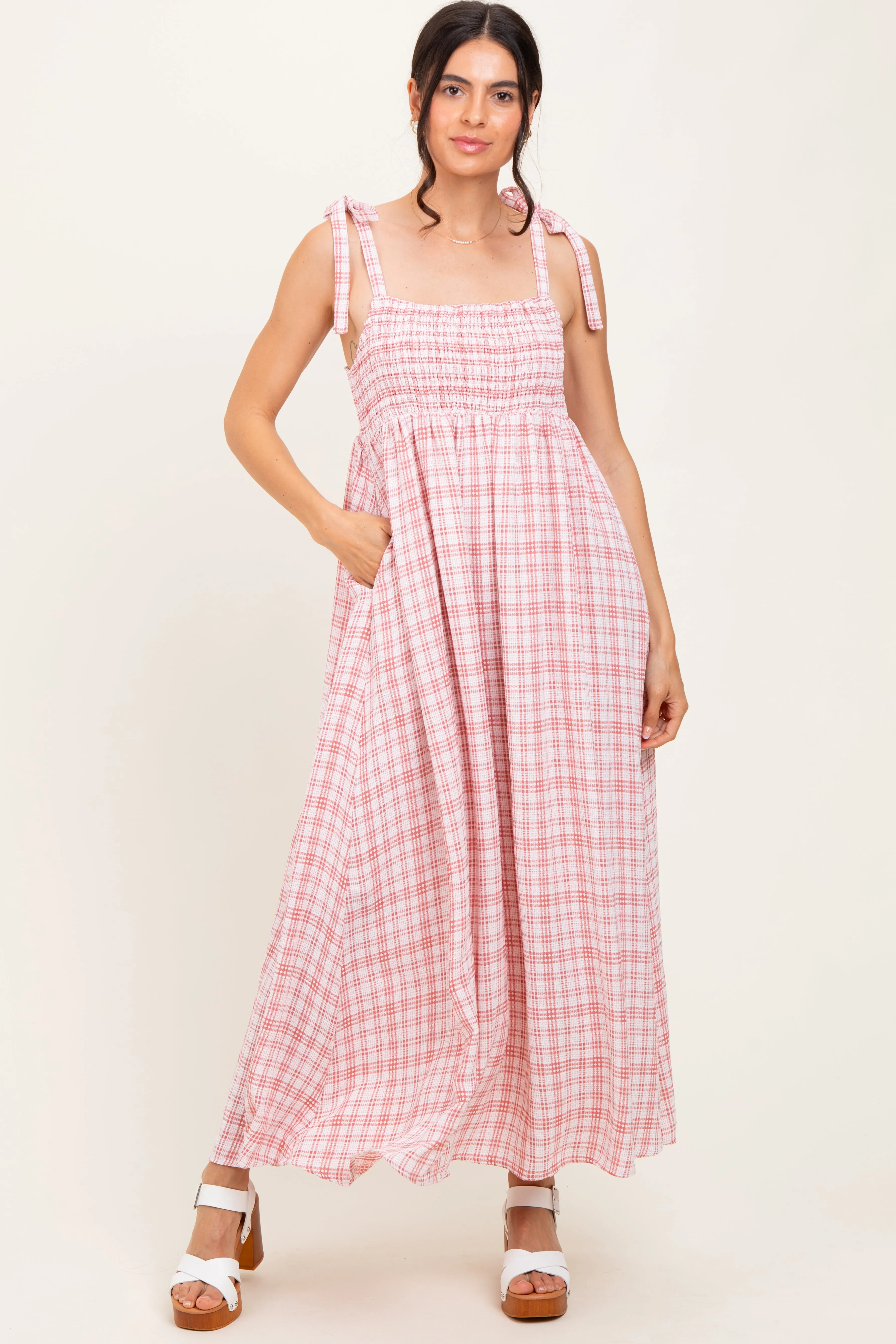 Pink Plaid Smocked Shoulder Tie Maxi Dress sold by Pinkblush product image thumbnail 2