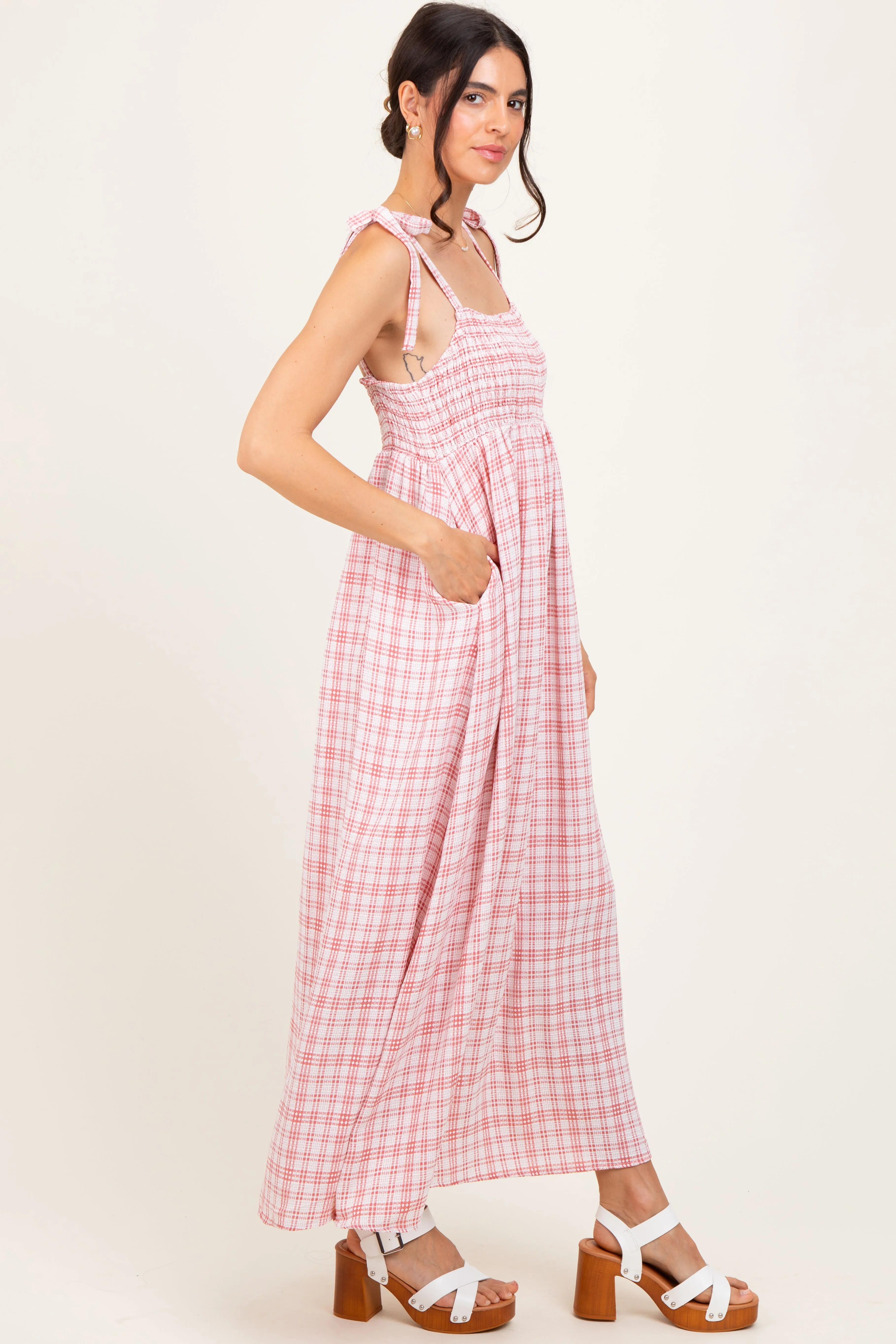 Pink Plaid Smocked Shoulder Tie Maxi Dress sold by Pinkblush product image thumbnail 3