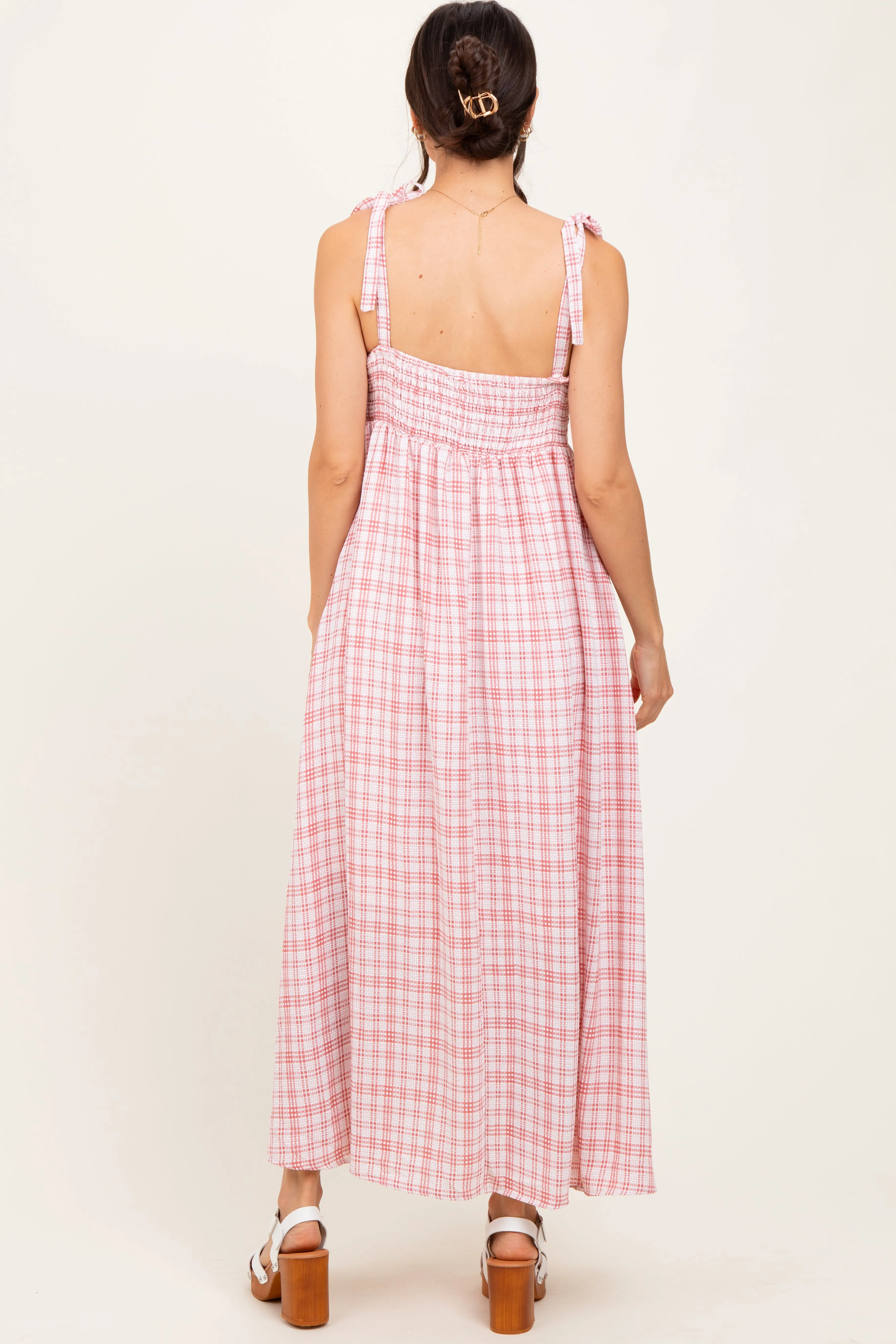 Pink Plaid Smocked Shoulder Tie Maxi Dress sold by Pinkblush product image thumbnail 4