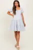 Light Blue Printed Button Up Ruffle Tiered Maternity Dress sold by Pinkblush