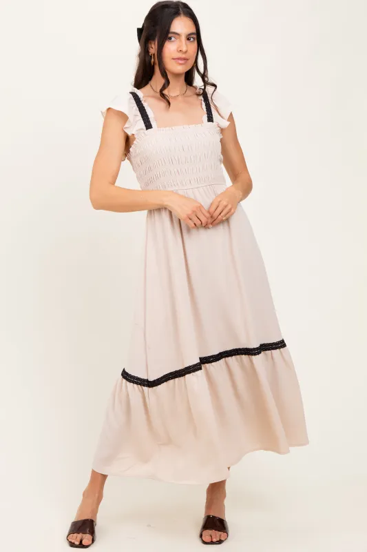 Beige Smocked Lace Detail Midi Dress sold by Pinkblush