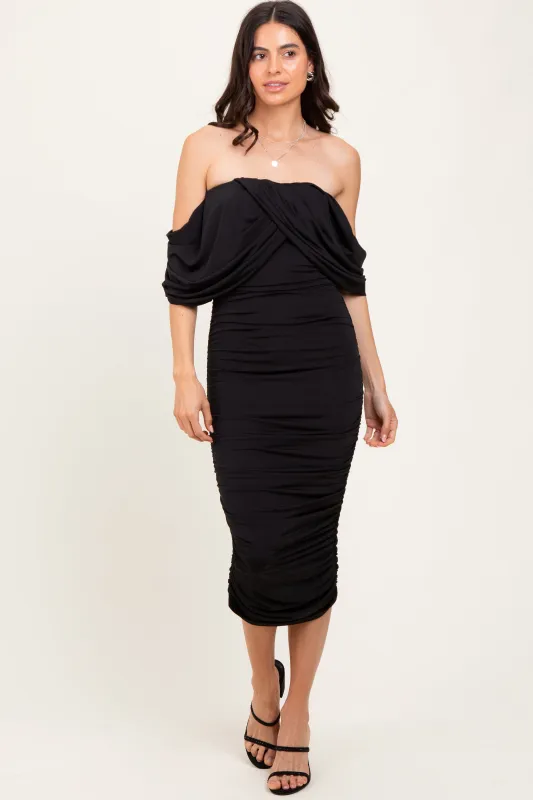 Black Off Shoulder Draped Ruched Midi Dress sold by Pinkblush