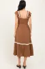 Mocha Smocked Lace Detail Midi Dress sold by Pinkblush