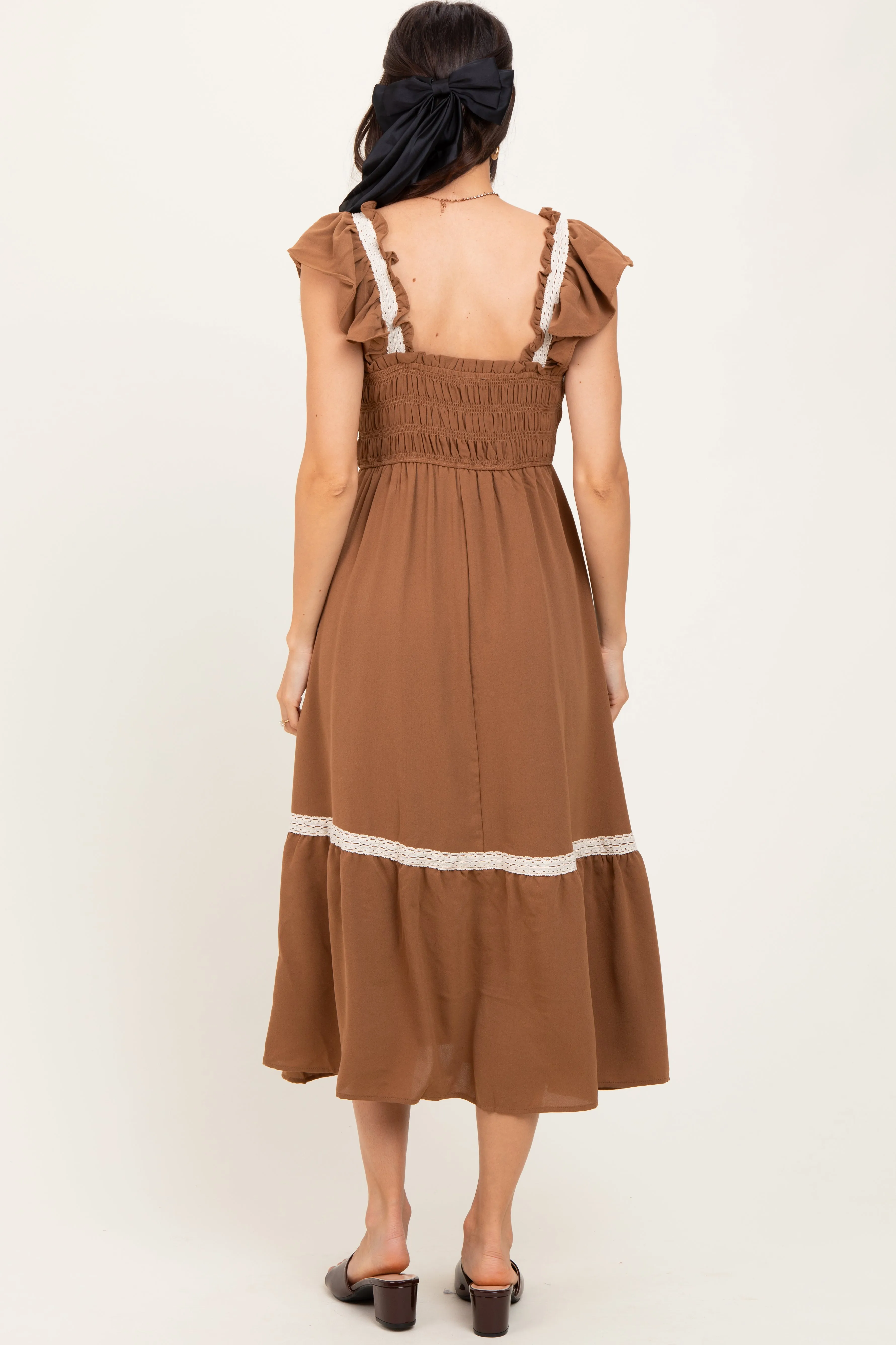 Mocha Smocked Lace Detail Midi Dress sold by Pinkblush product image thumbnail 4