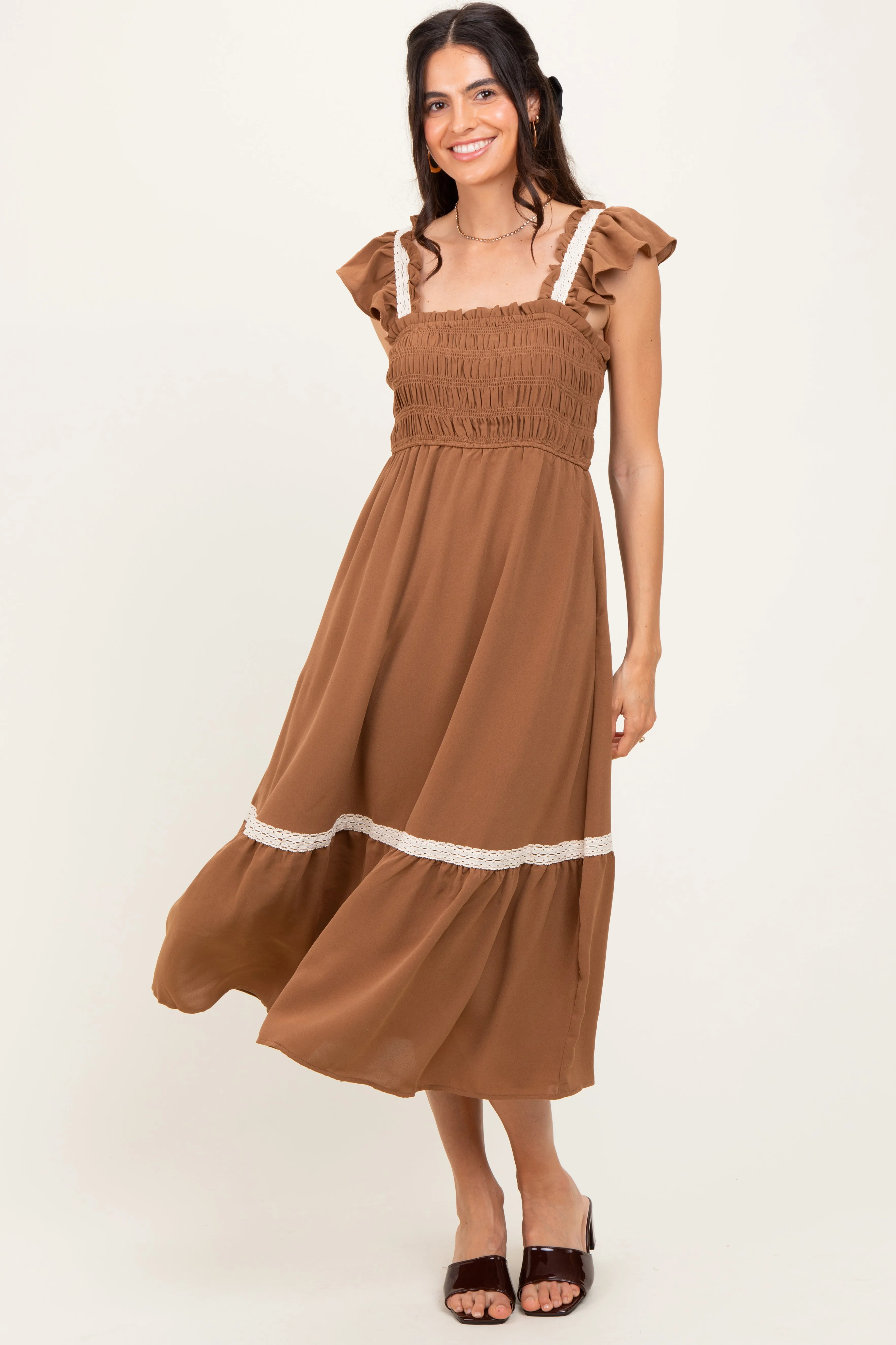 Mocha Smocked Lace Detail Midi Dress sold by Pinkblush