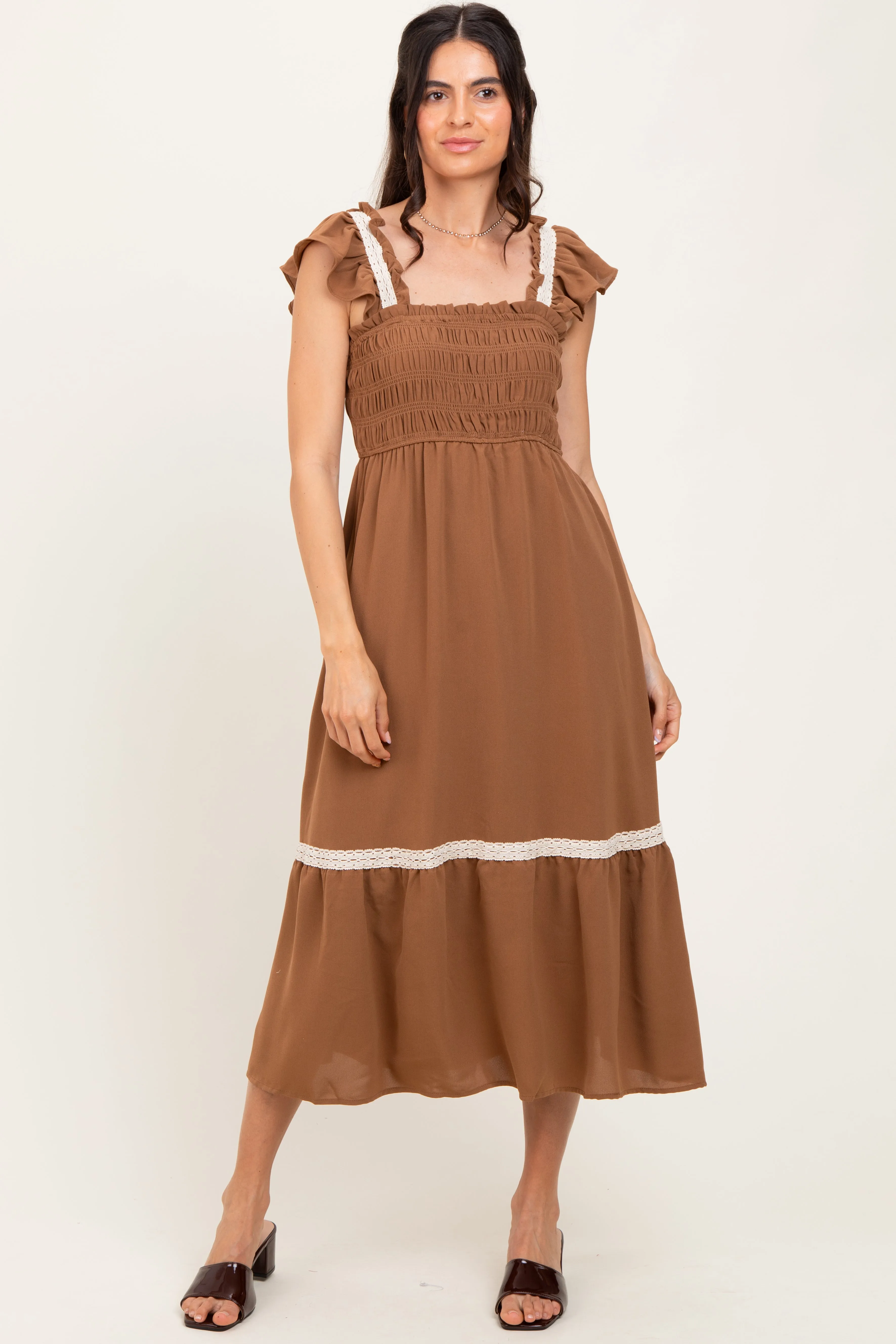 Mocha Smocked Lace Detail Midi Dress sold by Pinkblush product image thumbnail 2
