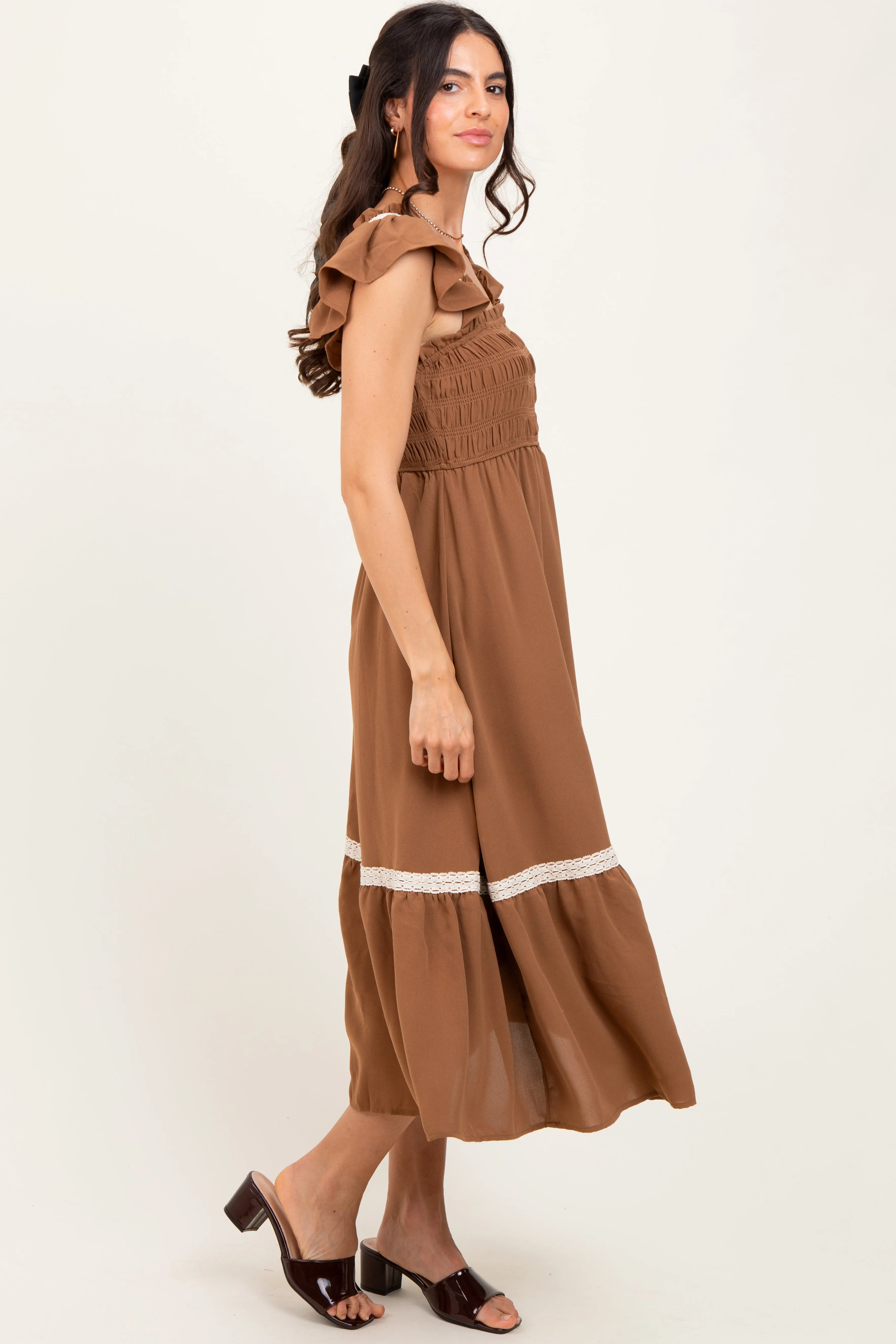 Mocha Smocked Lace Detail Midi Dress sold by Pinkblush product image thumbnail 3